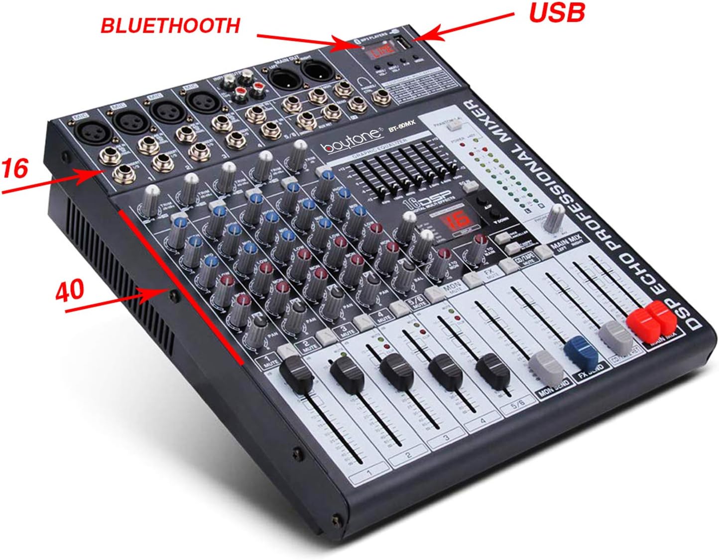 Boytone BT-60MX, 6 Channel Bluetooth Audio Mixer - DJ Sound Controller, USB MP3 Player, 4 XLR Microphone Jack, 7 Band EQ, 16 DSP Digital Multi Effects Processor, RCA IN-OUT Jack, 48V Phantom Power