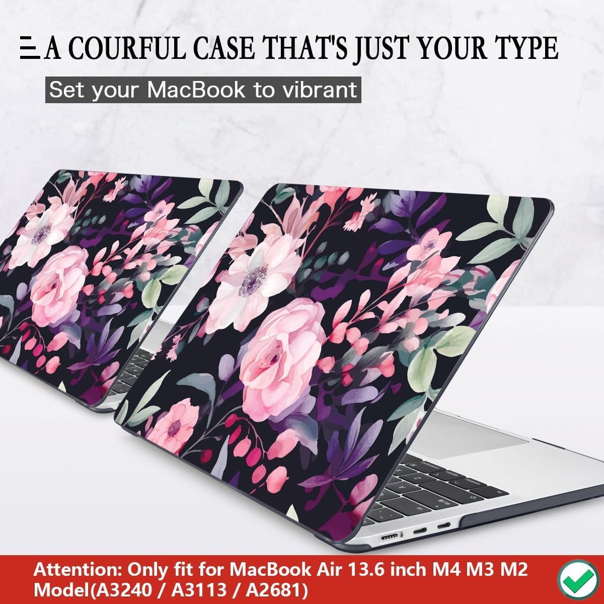 CISSOOK Compatible with MacBook Air 13.6 inch Case 2025 2024 2022 Release Model A3240 A3113 A2681, Flower Plastic Hard Shell Case Black Cover for MacBook Air 13 inch M2 M3 M4 - Pink Flowers