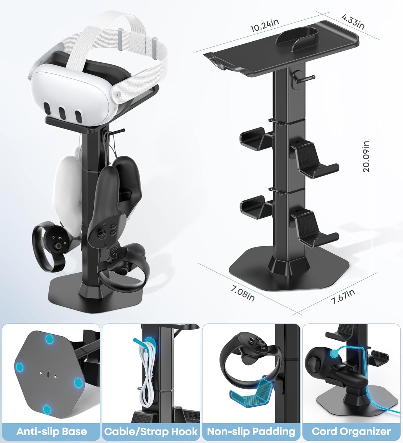 Headphone & Controller Stand with VR Headset Holder for Desk, Universal Gaming Controller & Headset Holder for PS5/Xbox/PSVR2/Meta Quest Pro/3/2, Headphone/Controller/VR Storage with Cable Organizer