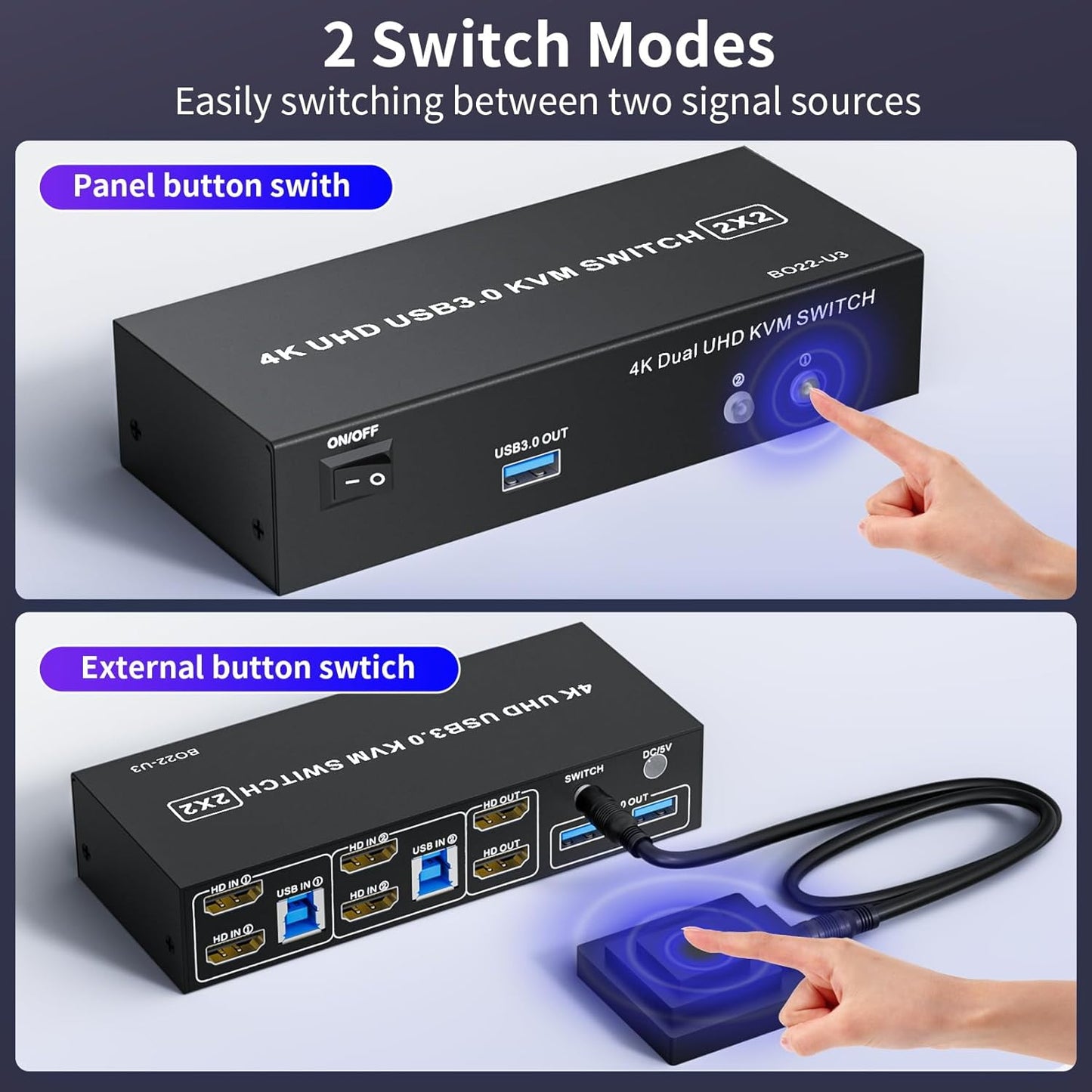 HDMI KVM Switch 2 Monitors 2 Computers 4K@60Hz USB 3.0 KVM Switcher Share Dual Monitor Extended Copy Display and 3 USB Devices Keyboard Mouse