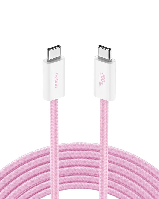 Belkin USB C to USB C Cable, 9.9ft, 60W - Type C Charger, iPhone Charger Cord, Soft, Braided, Flexible for iPhone 16, Galaxy S25, Pixel 9, Airpods, iPad Pro, Table & More, Travel Essentials - Pink