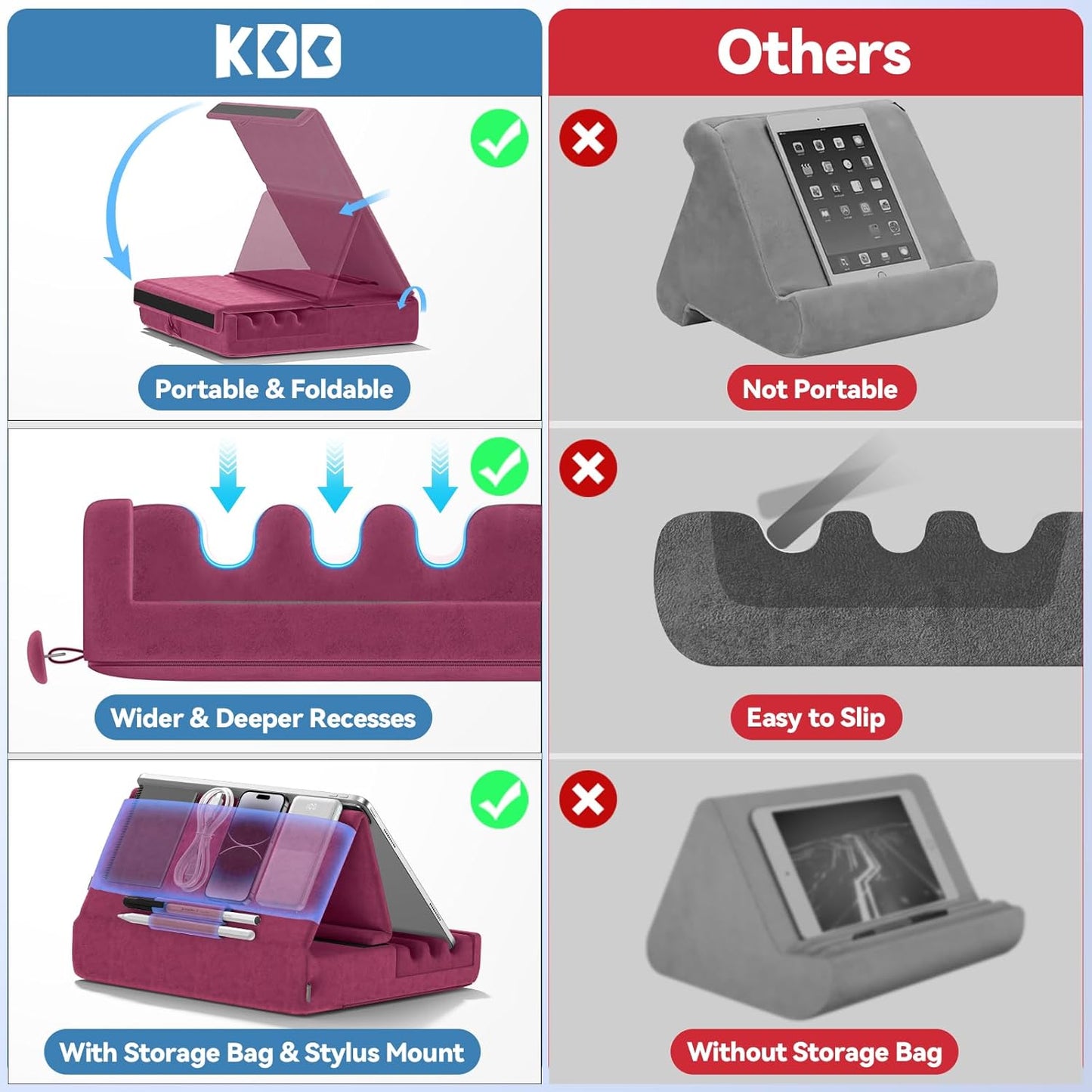 KDD Tablet Pillow Holder, Foldable iPad Stand for Lap, Bed and Desk -Tablet Soft Pad Dock with Pocket & Stylus Mount Compatible with iPad Pro 12.9, 10.5, 9.7 Air Mini 6 5 4 3, Galaxy Tab, E-Reader