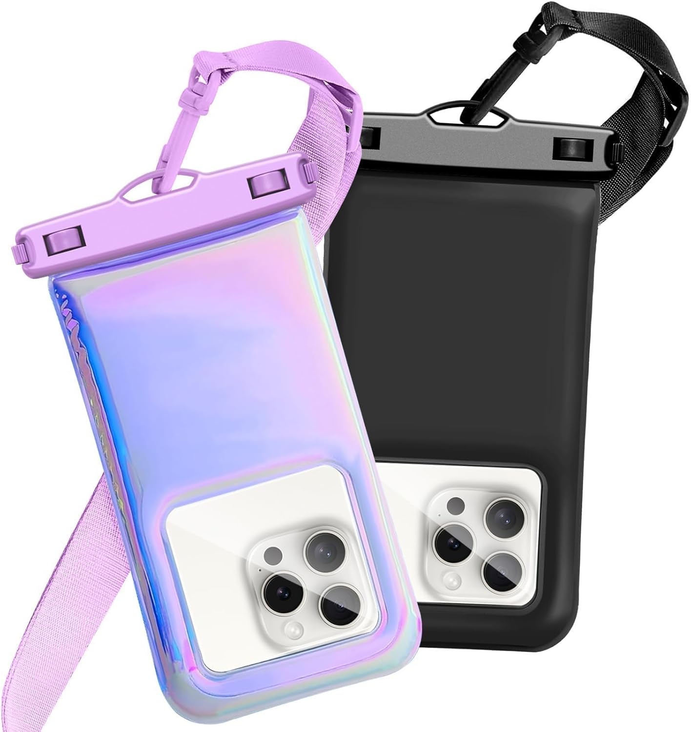 Floatable Waterproof Phone Pouch Case 2 Pax for iPhone 16 Pro Max/15/14/13/12, IP68 Travel Cellphone Dry Bag Beach Cruise Ship Essentials Bags with Crossbody Lanyard, Iridescent Purple and Black-7″