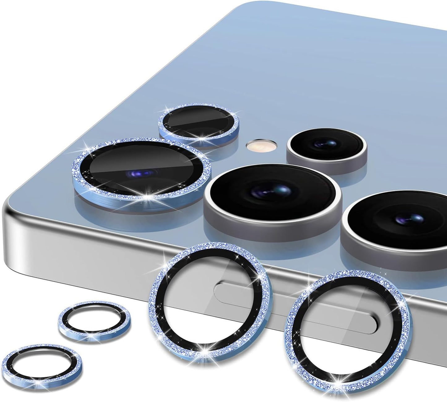 for Samsung Galaxy S25 Ultra Camera Lens Protector, Individual Metal Ring Tempered Glass Lens Cover, [Strong Adsorption] Scratch Resistant Ultra-Thin HD Clear Lens Cover, 1 Set-Blue Sparkly