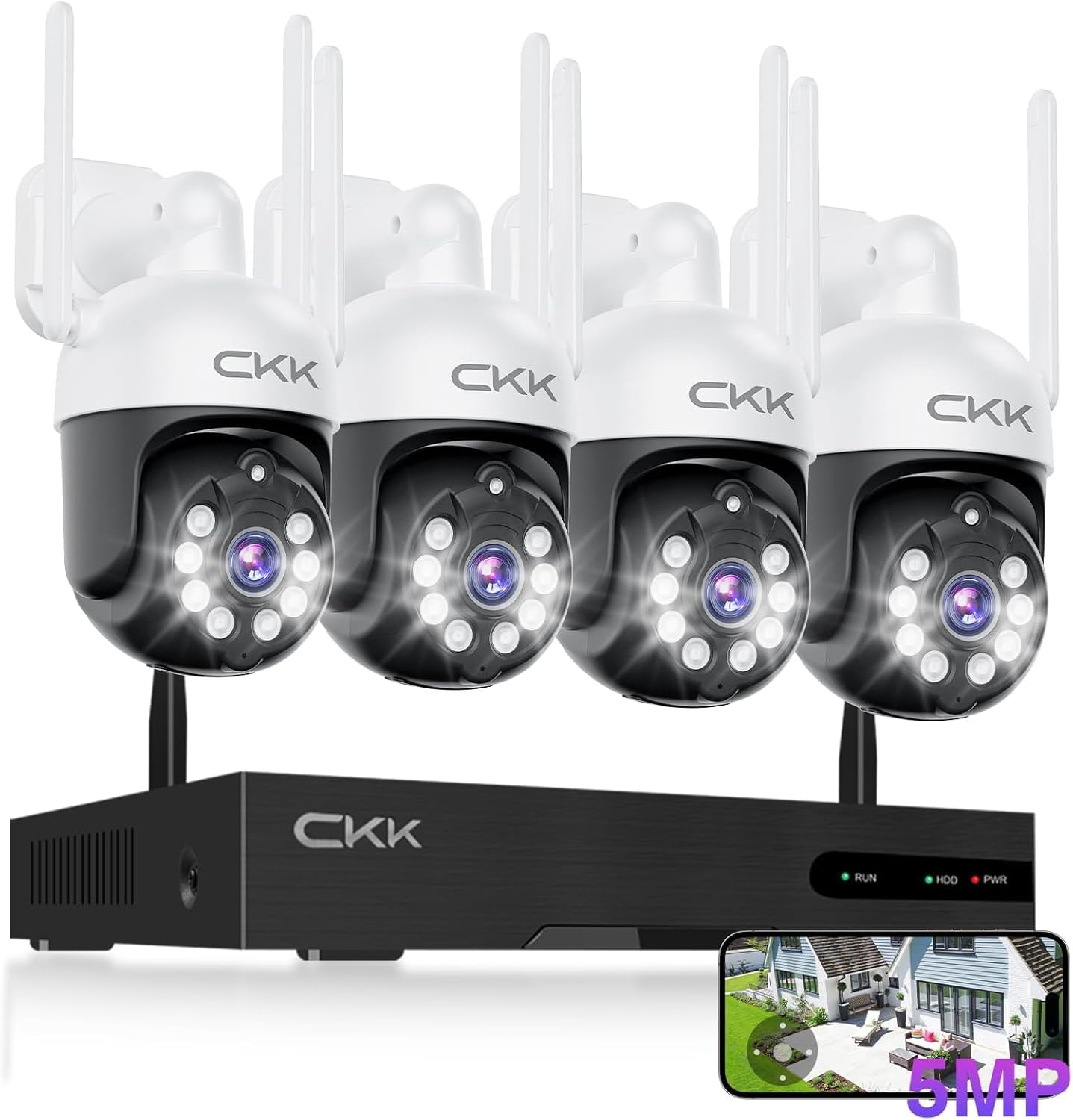 CKK Wireless Security Camera System: 4 Outdoor 5MP PTZ Cameras with 5G/2.4G WiFi,10 CH NVR, 4K Color Night Vision, 2-Way Audio- AI Human Detection,24/7 Surveillance for Total Home Protection (No HDD)