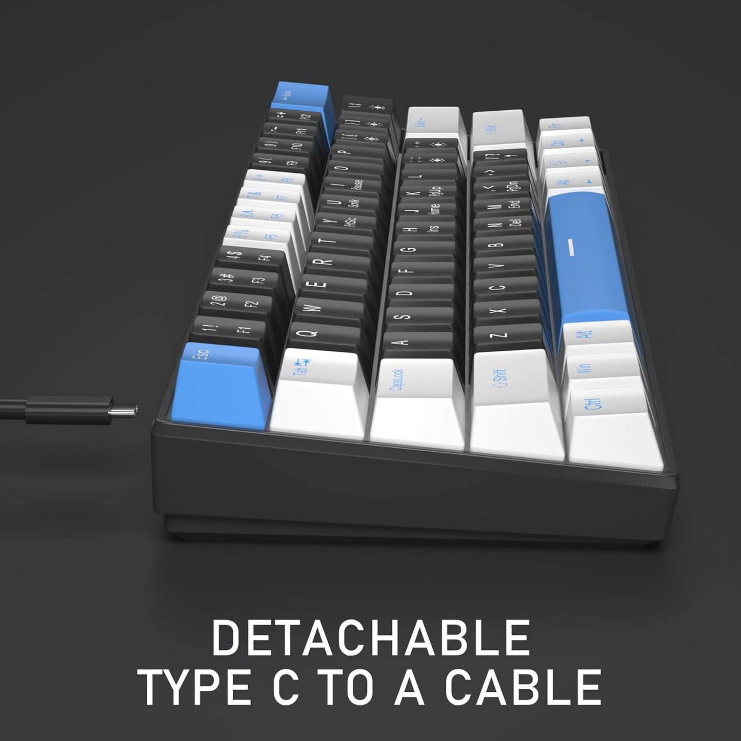 60% Mechanical Gaming Keyboard,White Black Blue Keycaps Gaming Keyboard with Linear Red Switch, Detachable Type-C Cable Mini Keyboard with Blue LED Light for Windows/Mac/PC/Laptop
