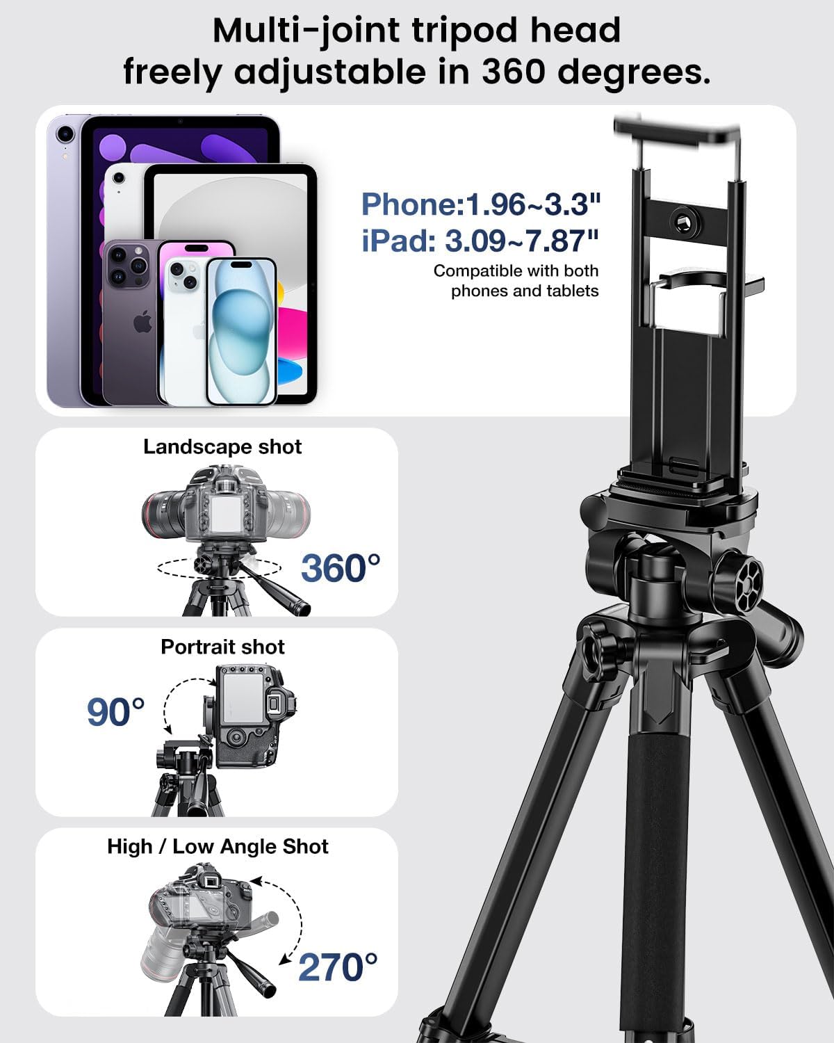 73" Camera Tripod and Monopod, Professional Aluminum Tripod Stand for Mirrorless Camera/DSLR/Cell Phone/Camcorder/GoPro, with Phone Holder and Travel Bag (Black)