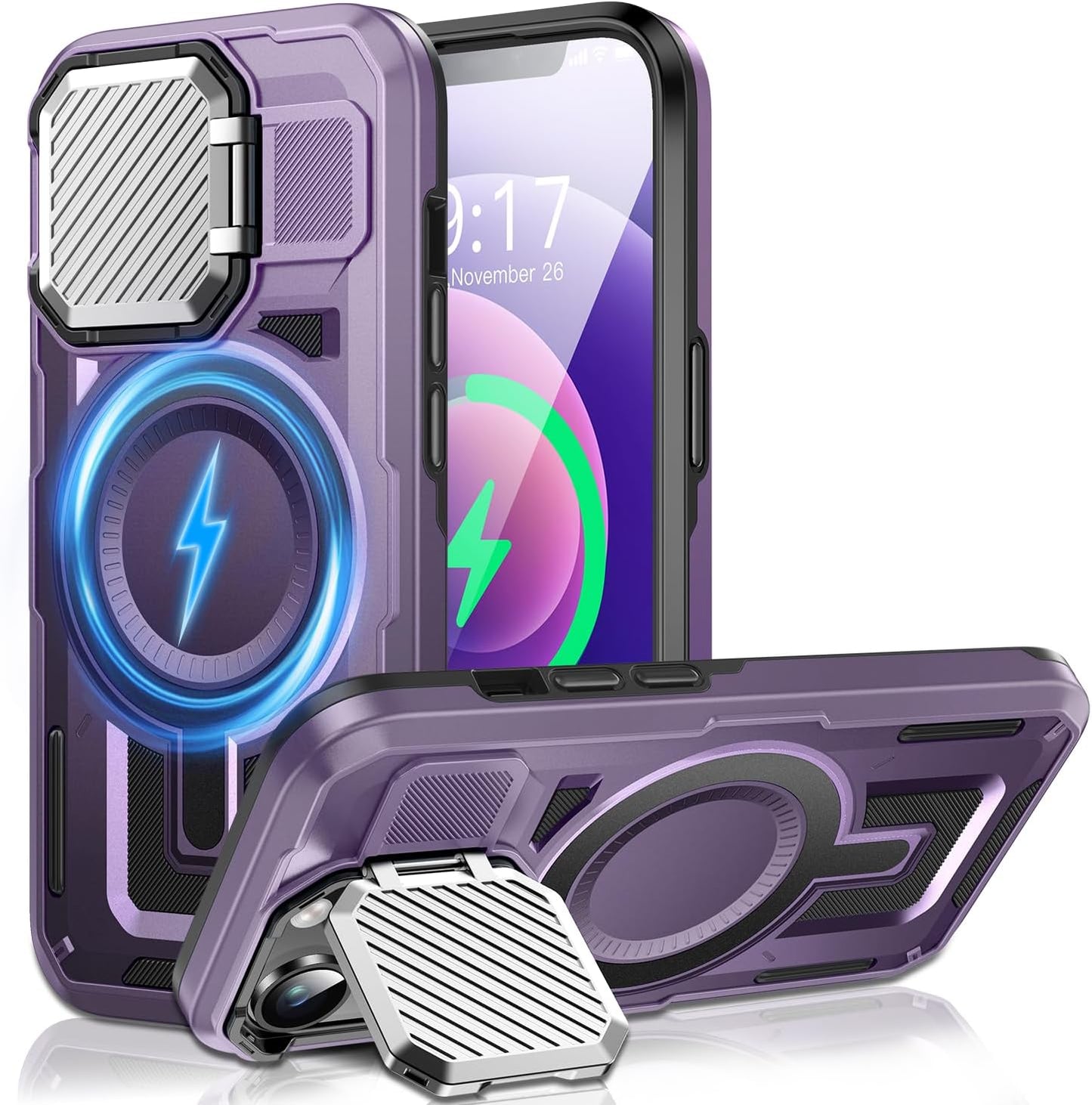 Camera Stand Case for iPhone 12/12 Pro, [Compatible with Mag Safe] [Lens Cover] 2024 Version Military Grade Protective Soft Case for iPhone 12/12 Pro 6.1 inch Men Women, Purple