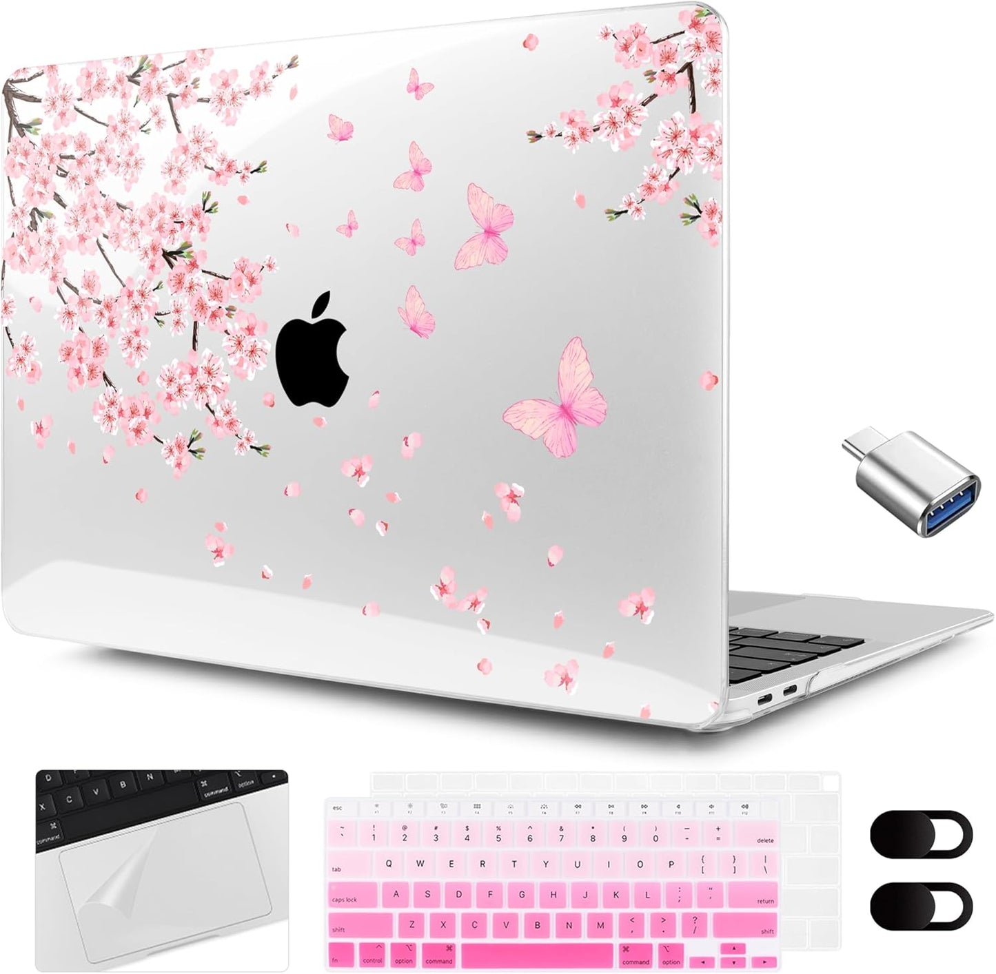 MEEgoodo for MacBook Air 13.3 inch Case 2021 2020 2019 2018 A2337 M1 A2179 A1932, Laptop Shell with Keyboard Webcam Cover & Trackpad Film & Type C Adapter for MacBook Air M1, Cherry Blossoms