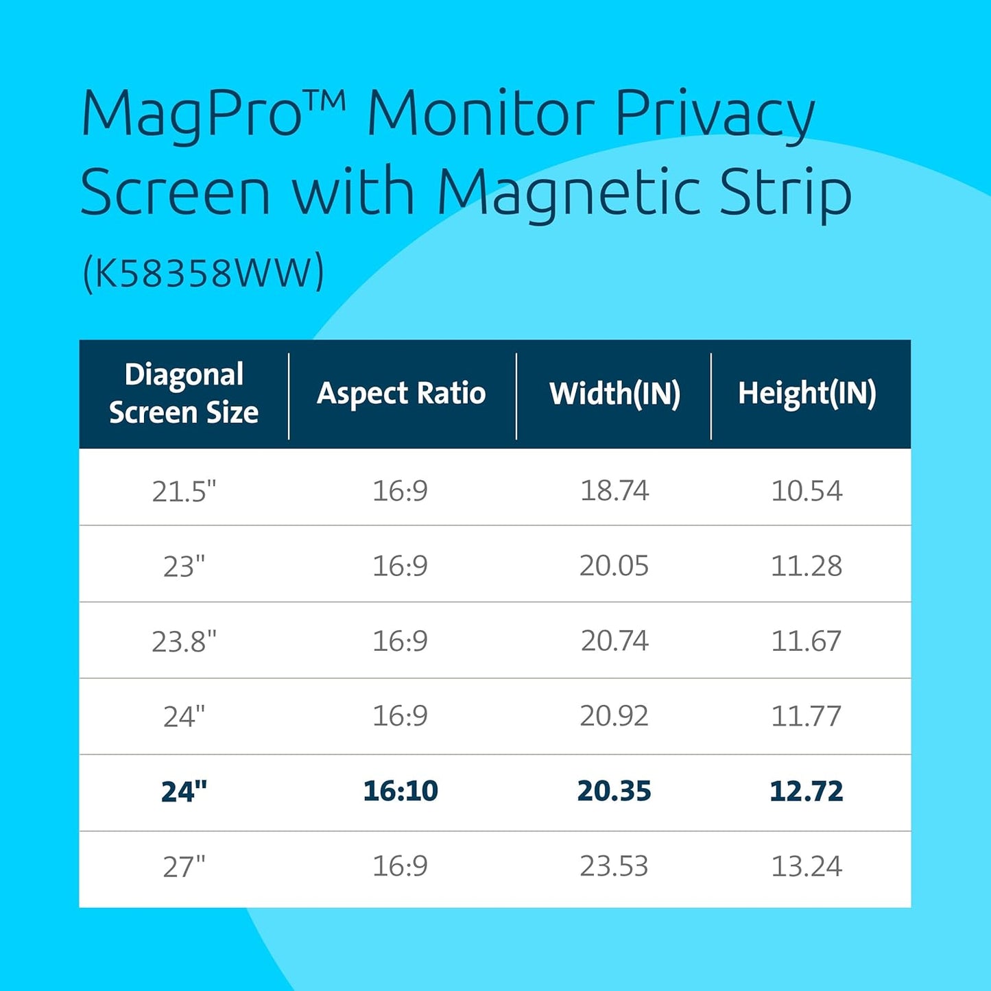 Kensington MagPro 24 Inch Magnetic Computer Privacy Screen for Desktop, Removable 16:10 Computer Privacy Filter, Anti-Glare Blue Ray Reduction, Compatible with Slim Bezel Monitors, K55423WW