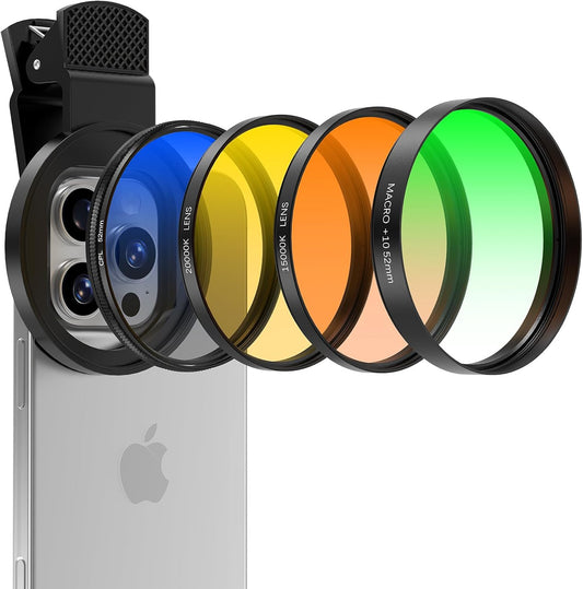 52MM Coral Reef and Reef Tank Filter Kit for Phone, CPL Polarizing+20,000k Yellow+15,000k Orange+10x Macro, Clip, Saltwater Aquarium Lens Compatible with iPhone16 15 Pro Max Samsung Moto Google TCL