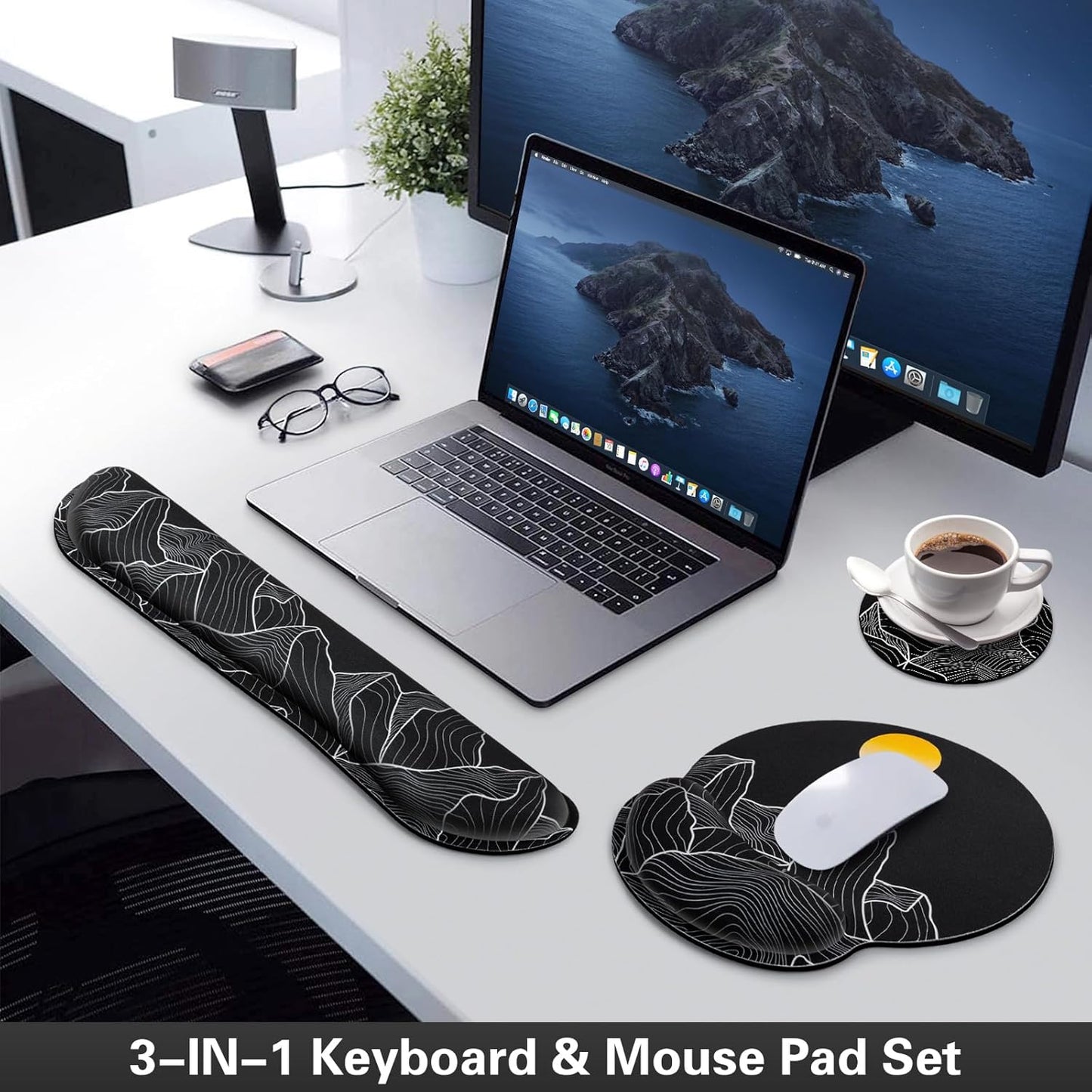 Ergonomic Keyboard Wrist Rest, Mouse Pad with Wrist Rest Black, Gaming Mousepad with Wrist Support, Memory Foam Wrist Rest Set for Computer Keyboard, Funny Cute Office Desk Accessories