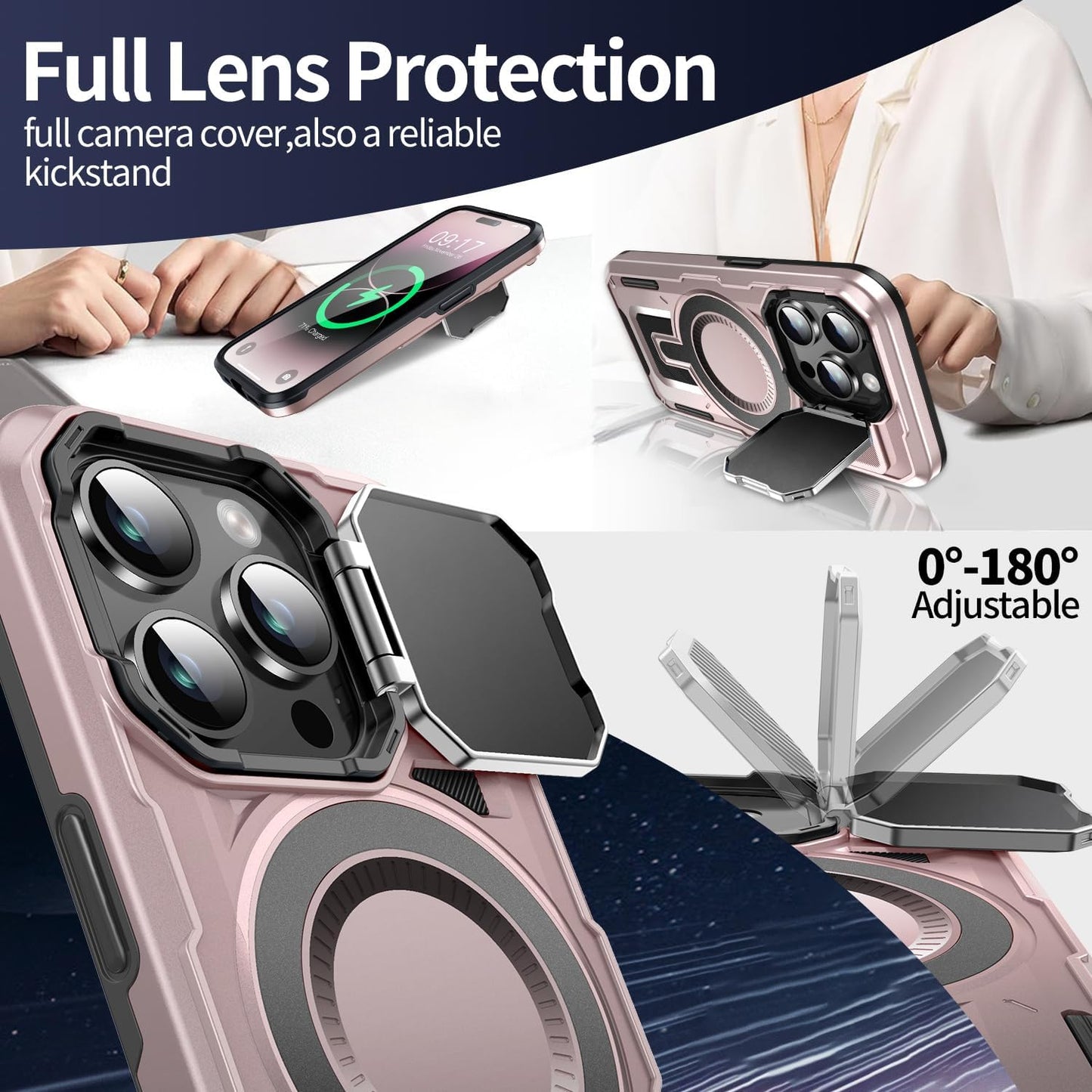 Camera Stand Case for iPhone 14 Pro, [Compatible with Mag Safe] [Lens Cover] 2024 Version Military Grade Protective Soft Case for iPhone 14 Pro 6.1 inch Men Women, Pink