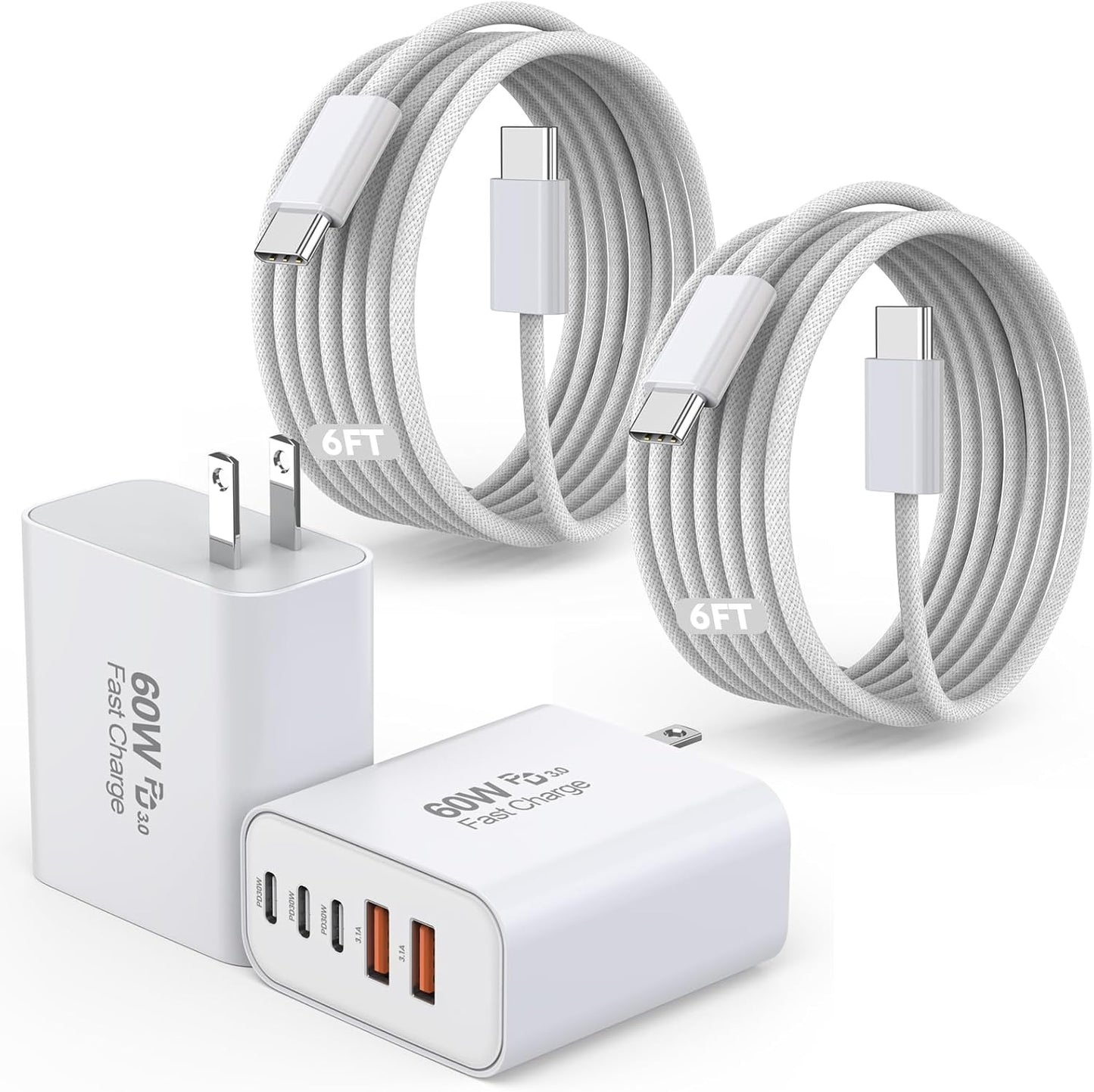 iPhone 16 Fast Charger Block, 2 Pack 60W USB Charging Block 5-Port Charge Adapter for Apple iPhone Charger with 6FT USB C Woven Fast Charging Cable for iPhone16/16e/16 Pro/15Pro Max, iPad Pro/Air/Mini