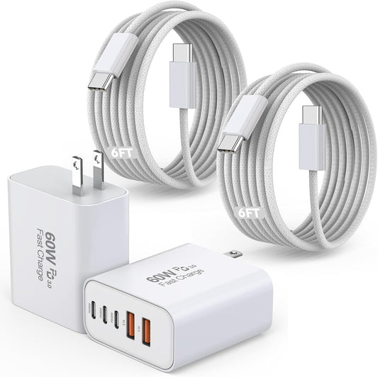 iPhone 16 Fast Charger Block, 2 Pack 60W USB Charging Block 5-Port Charge Adapter for Apple iPhone Charger with 6FT USB C Woven Fast Charging Cable for iPhone16/16e/16 Pro/15Pro Max, iPad Pro/Air/Mini