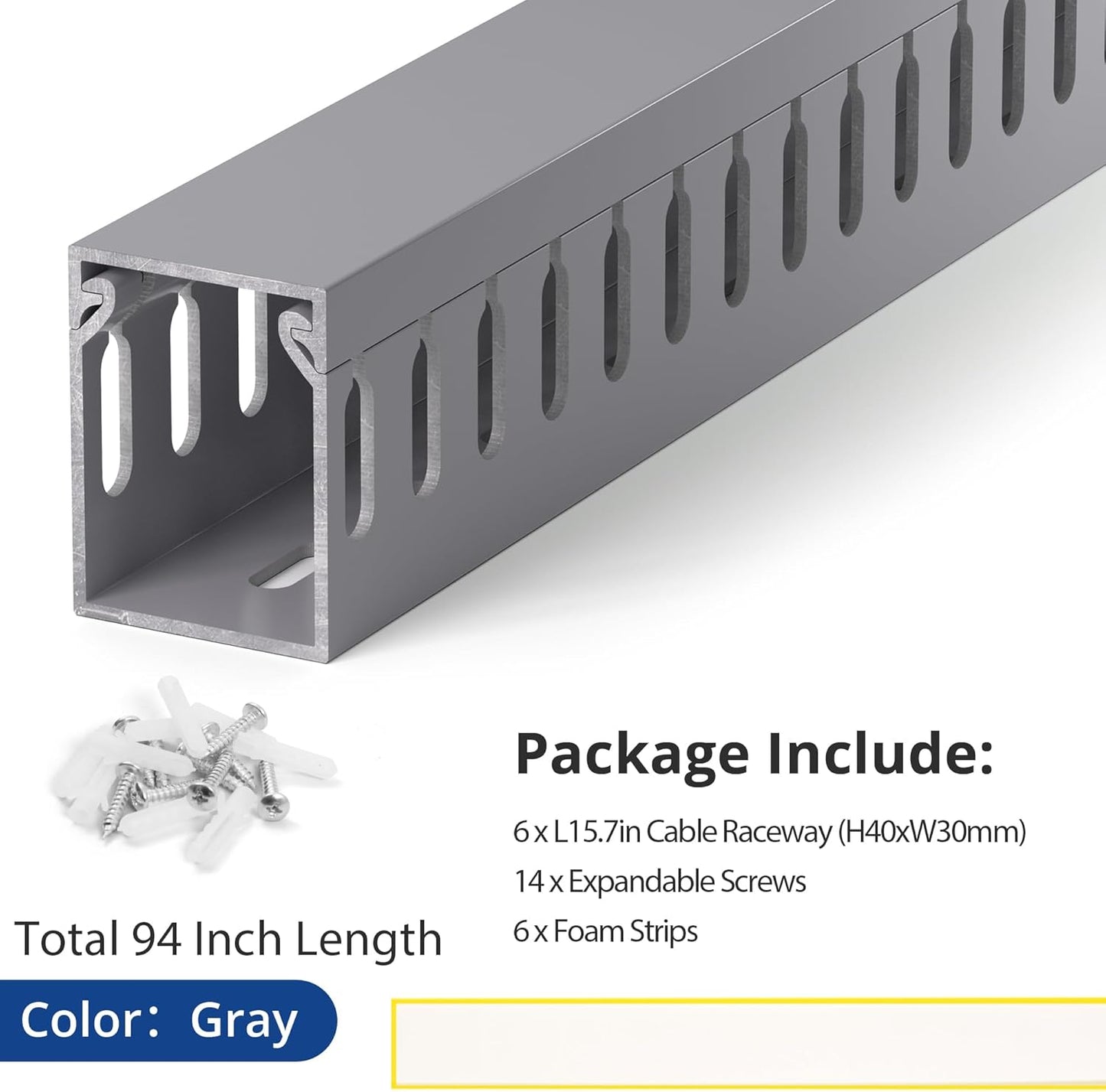94.5in(6X L15.7in) Professional Server Rack Cable Management Raceway, H1.6in x W1.2in Cable Raceway Kit, Electrically Safe PVC Open Slot Wire Raceway for Under Desk/Computer/Network Cords, Grey