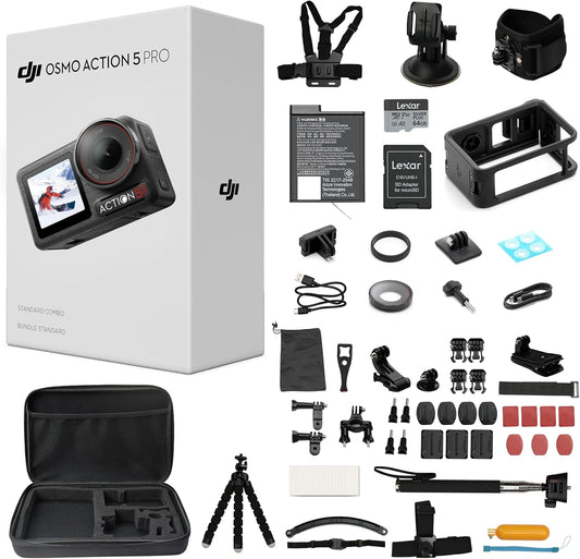 DJI Osmo Action 5 Pro Standard Combo,with 58 Piece Accessory Kit+ 64GB Card - Waterproof Action Camera with 1/1.3" Sensor, 4K/120fps Video, Action Camera 4K Ideal for Sports (Total 1 Battery)