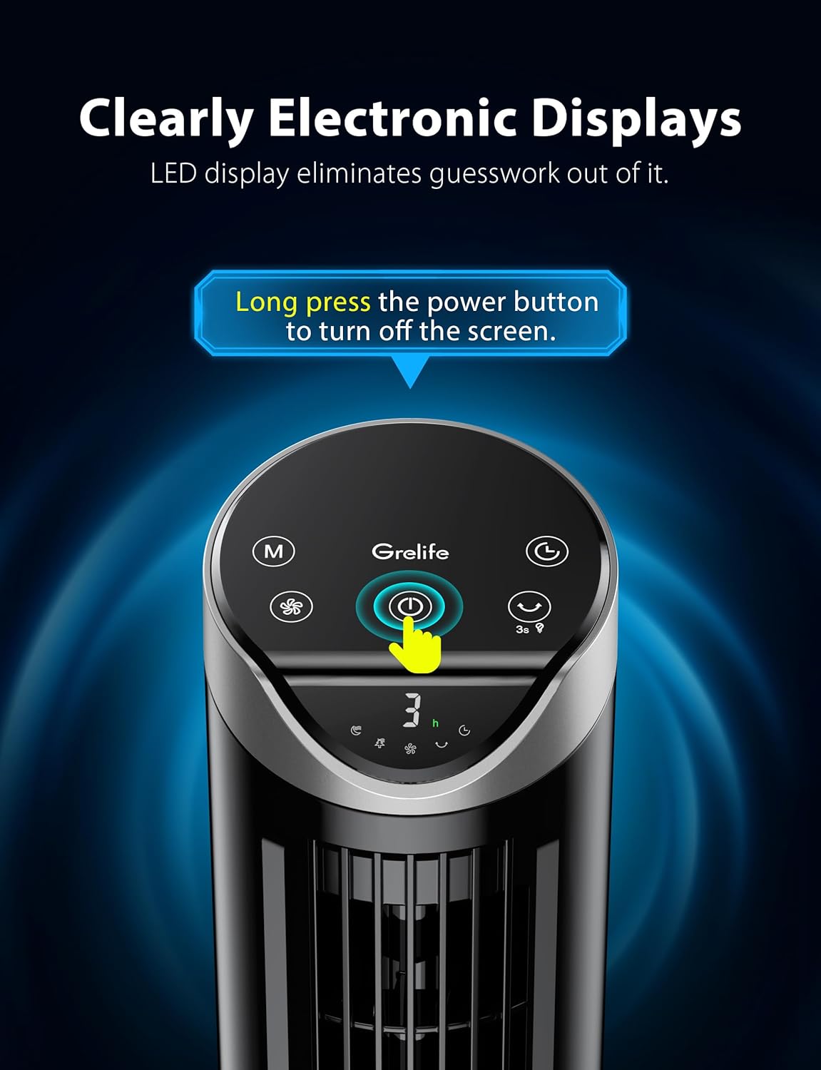 Grelife 13" Electronic Tower Fan with Remote Control, 3 Speed & 3 Modes, 90° Oscillation, LED Display, 7.5H Timer, Quiet Bladeless Cooling – Portable Space-Saving for Bedroom Office, Home