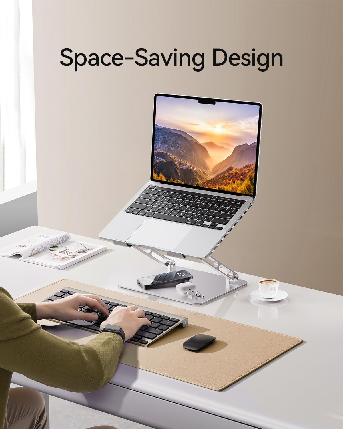 Foldable Aluminum Laptop Stand for 10-17.3" Laptops, Height Adjustable Portable Ergonomic Computer Holder, Space Saving Desk with Heat Dissipation. Compatible with MacBook/Dell/HP etc, Silver