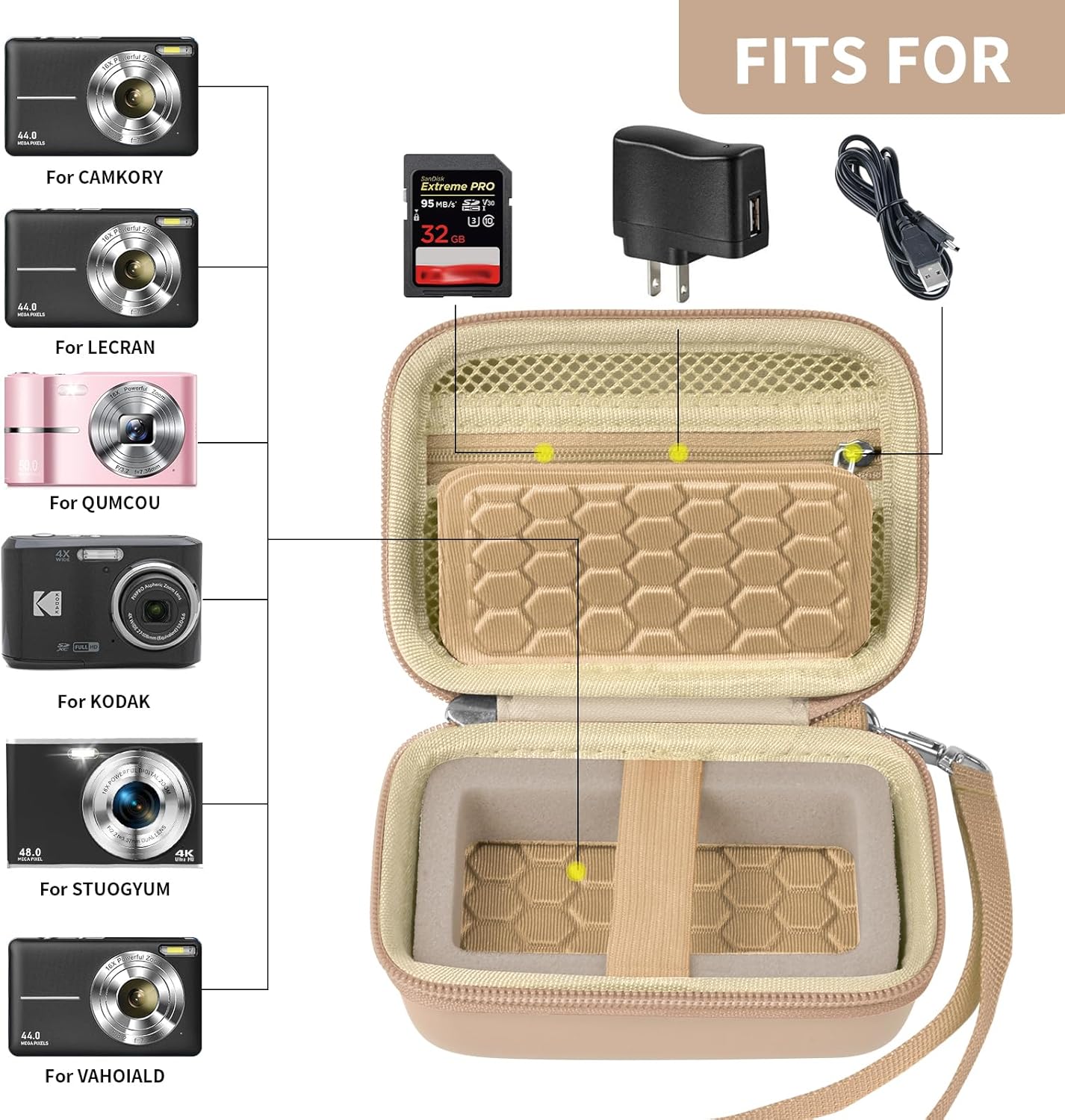 Carrying & Protective Case for Digital Camera, AbergBest 21 Mega Pixels 2.7" LCD Rechargeable HD/Kodak Pixpro/Canon PowerShot ELPH 180/190 / Sony DSCW800 / DSCW830 Cameras for Travel - Beige