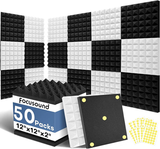 Focusound Black White Acoustic Panels 50 Pack 2"x12"x12" with 300 PCS Double-Side Adhesive - Sound Proof Pyramid Foam for Walls, Home Studio Noise Absorption & Echo Control Kit