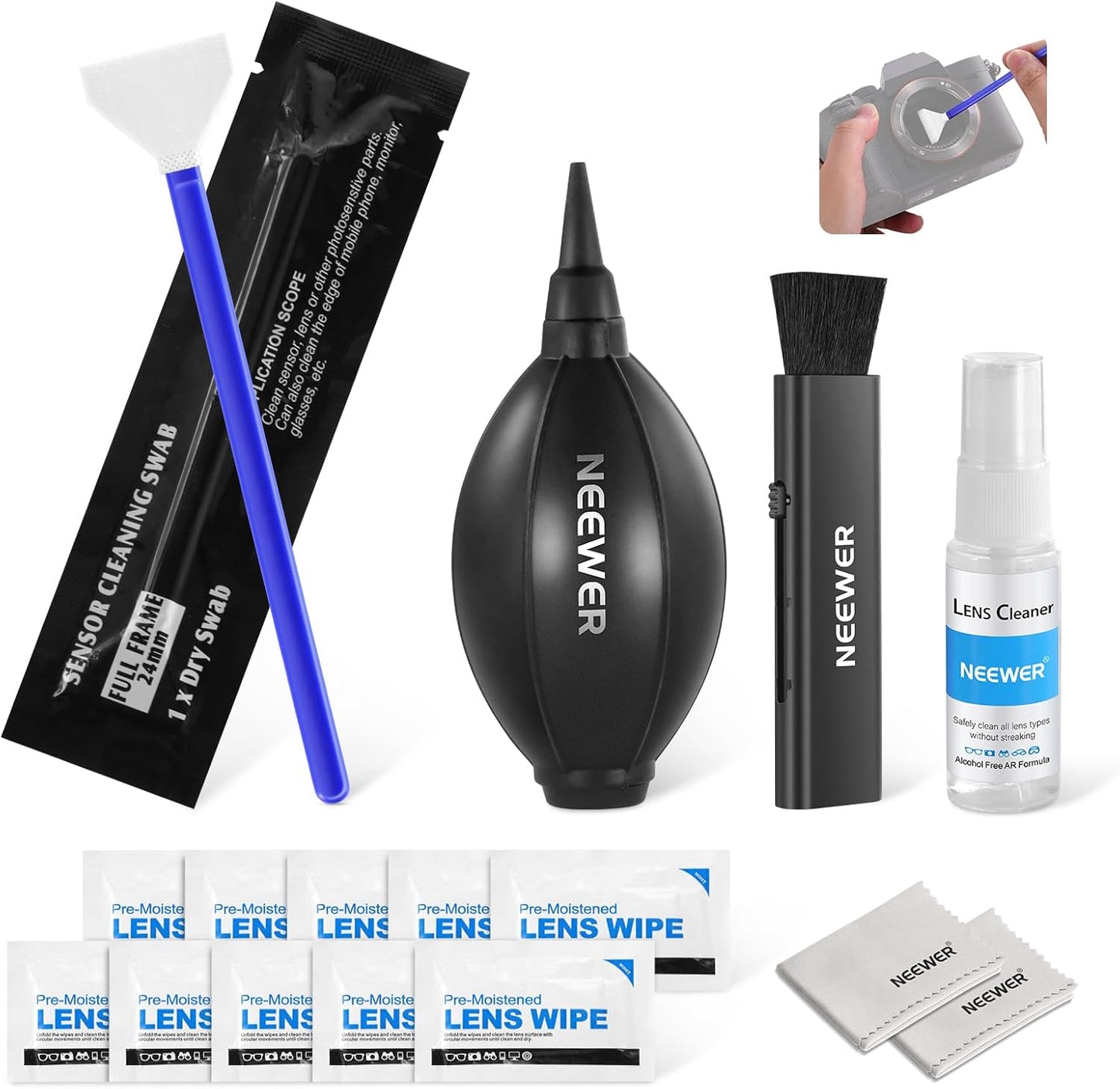NEEWER 16 in 1 Camera Lens Cleaning Kit, 1x Brush + 1x Air Blower + 1x Cleaning Swab for 24mm Full Frame Sensor + 1x Cleaner Spray + 2X Cloth + 10x Wet Lens Wipe, HM-44