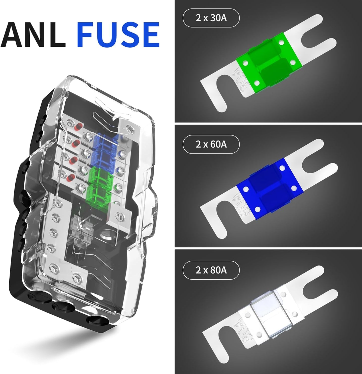 Fused Power Distribution Block Car Audio Fused Distribution Block 12V 0/4 Gauge 4 Way MIDI (Mini-ANL) Fuse Block for Auto Boat UTV Stereo Amp