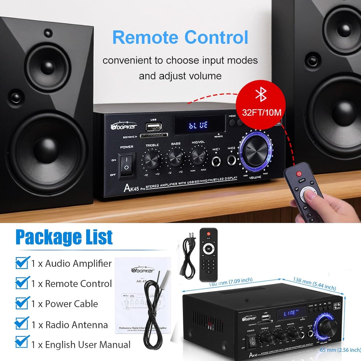 AK45 Pro Stereo Amplifier Home Audio, Stereo Receivers with Bluetooth 5.0,Max 400W, 2.0 Channel Audio Receiver for Home Theater Speakers w/USB/SD/RCA/2 MIC in for Karaok