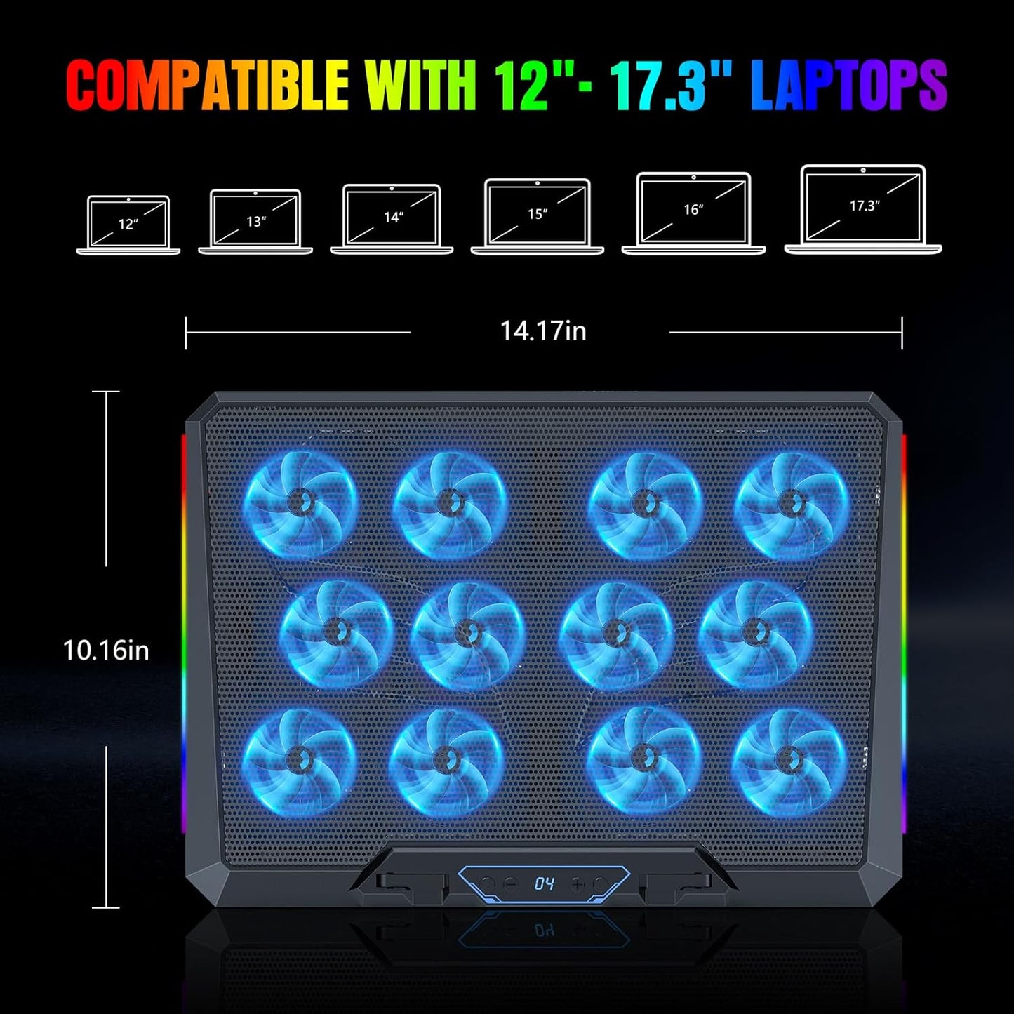 Laptop Cooling Pad with 12 Quiet Fans, Slim Portable for 12-17.3 Inch Laptop Cooler Stand, RGB Lighting, with 5 Height Adjustable, Gaming Cooling Fan Pad, USB/Type-C & Phone Holder (LCD)