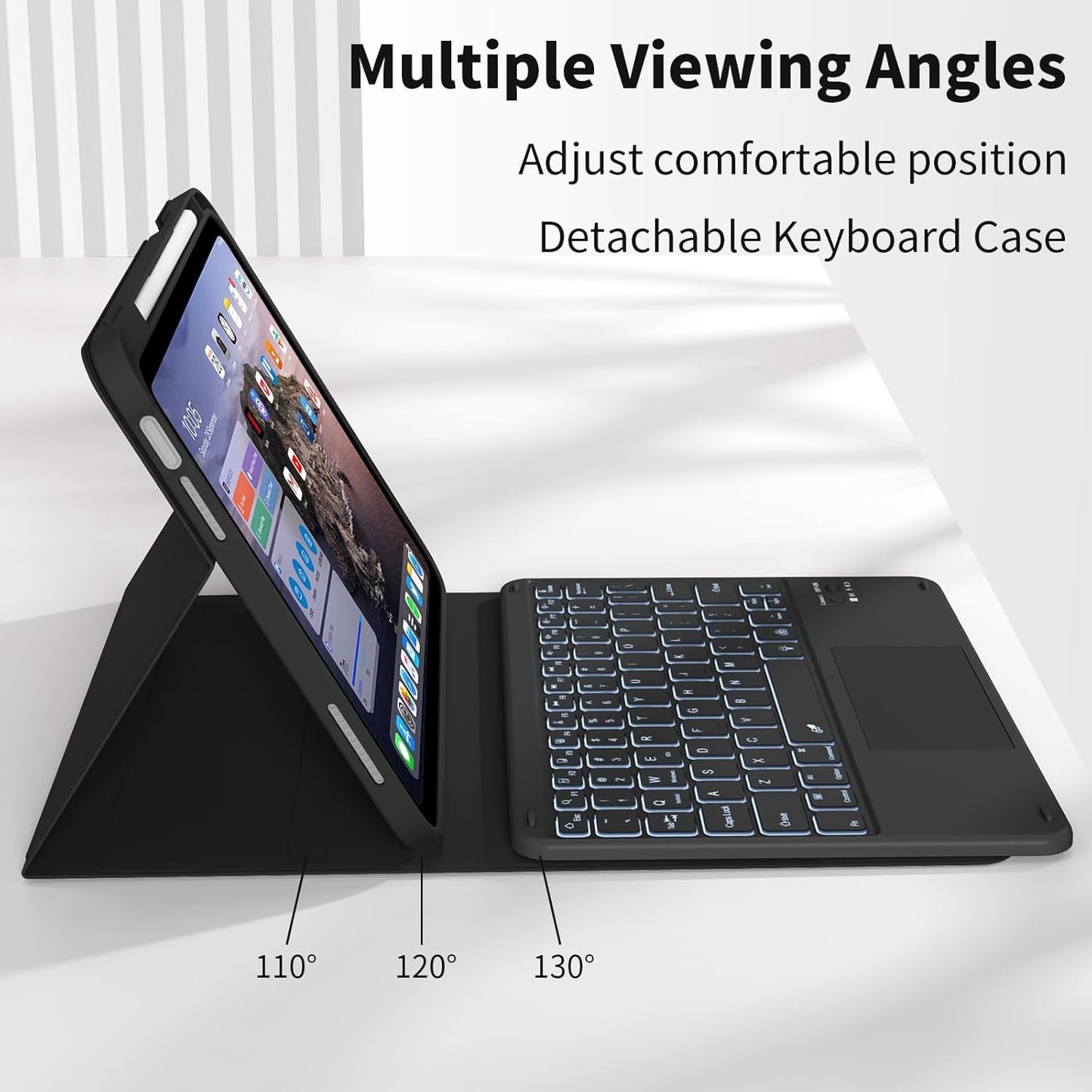 JKSML for iPad(A16) 11th/10th Generation Case with Keyboard (11/10.9 inch) 2025/2022, 7 Color Backlight Detachable Bluetooth Cover with Trackpad, Flip Stand Case Thin with Pencil Holder, Black