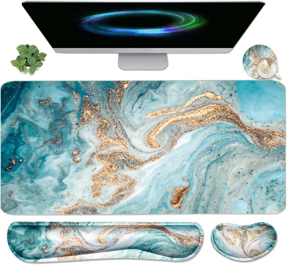 Keyboard Mouse Pad Set, Extended Mouse Pad+Keyboard Wrist Rest Support, Memory Foam Ergonomic Easy Typing, 3Pcs (35.4×15.7 in) Desk Pad Set for Home Office Study Game-Green Marble