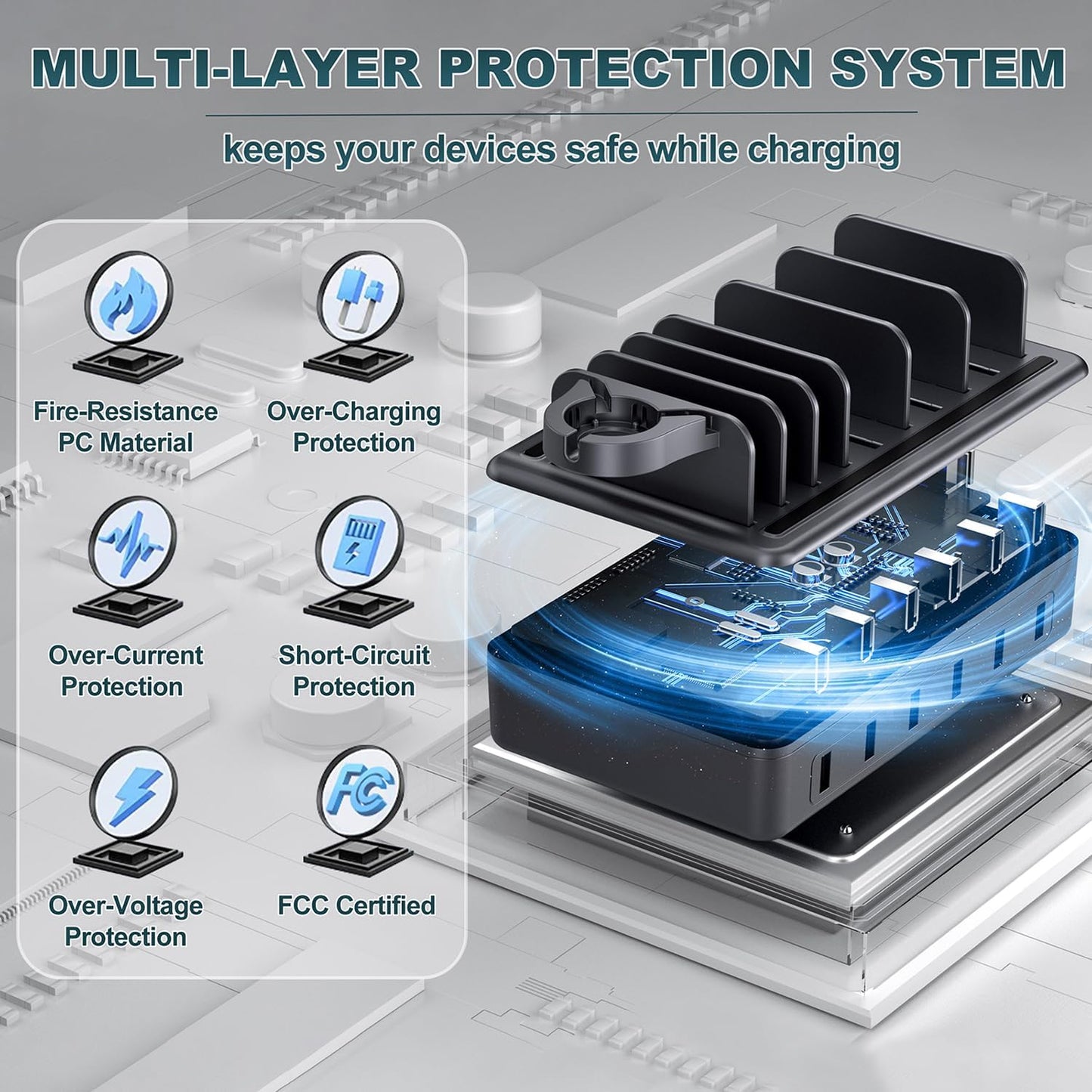 Charging Station for Multiple Devices, 6 in 1 Charger Station Multiple Charging Station for Cellphone Tablet iPhone iPad and More-50W Charging Dock with Mixed Charging Cables