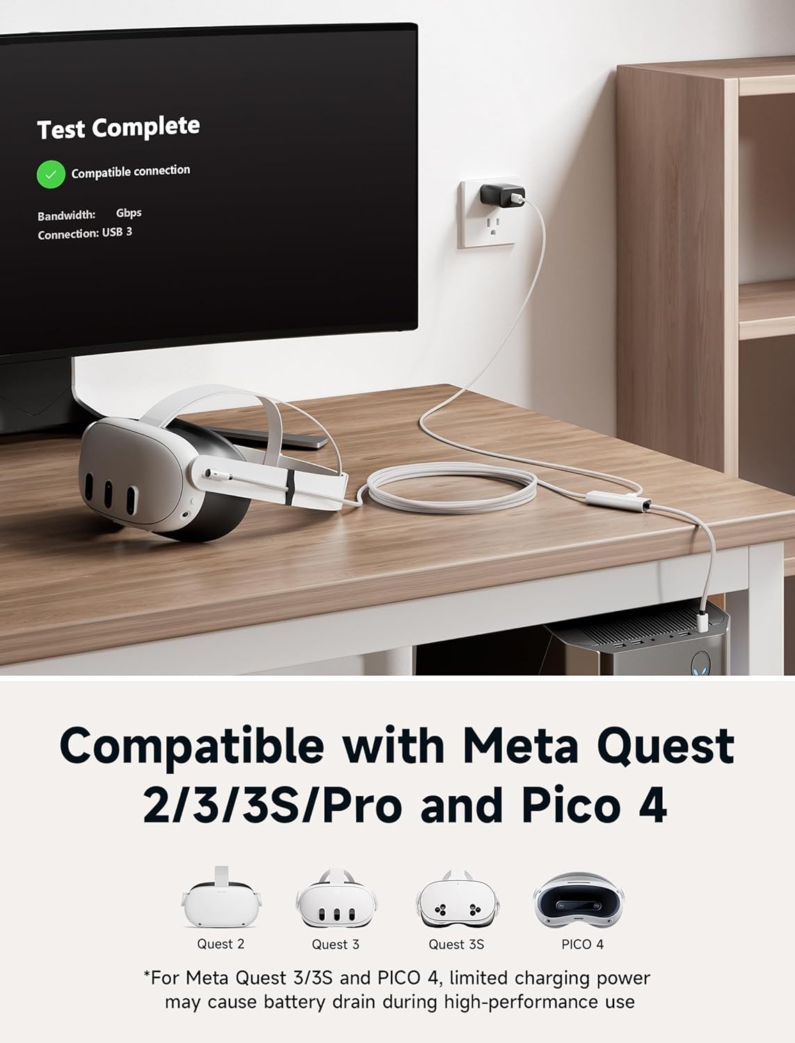 JSAUX Link Cable 16FT with Charging Compatible with Meta Quest 3S/Quest3/2/Pro Accessories【 Charging While Playing】 USB 3.0 High Speed Data Compatible with Oculus 3S/3/2/Pro, Pico 4, PC VR, Steam VR