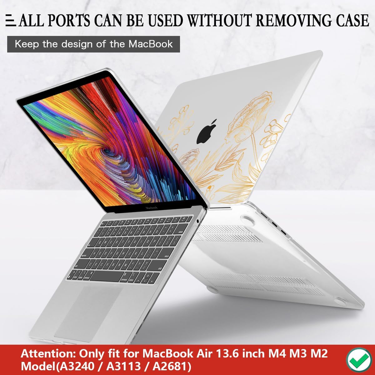 CISSOOK for MacBook Air 13.6 inch Case A3240 A2681 A3113 Release 2022 2023 2024 2025, Plastic Hard Shell Case Keyboard Cover for MacBook Air 13 inch M2 M3 M4, Gold Floral Blossom