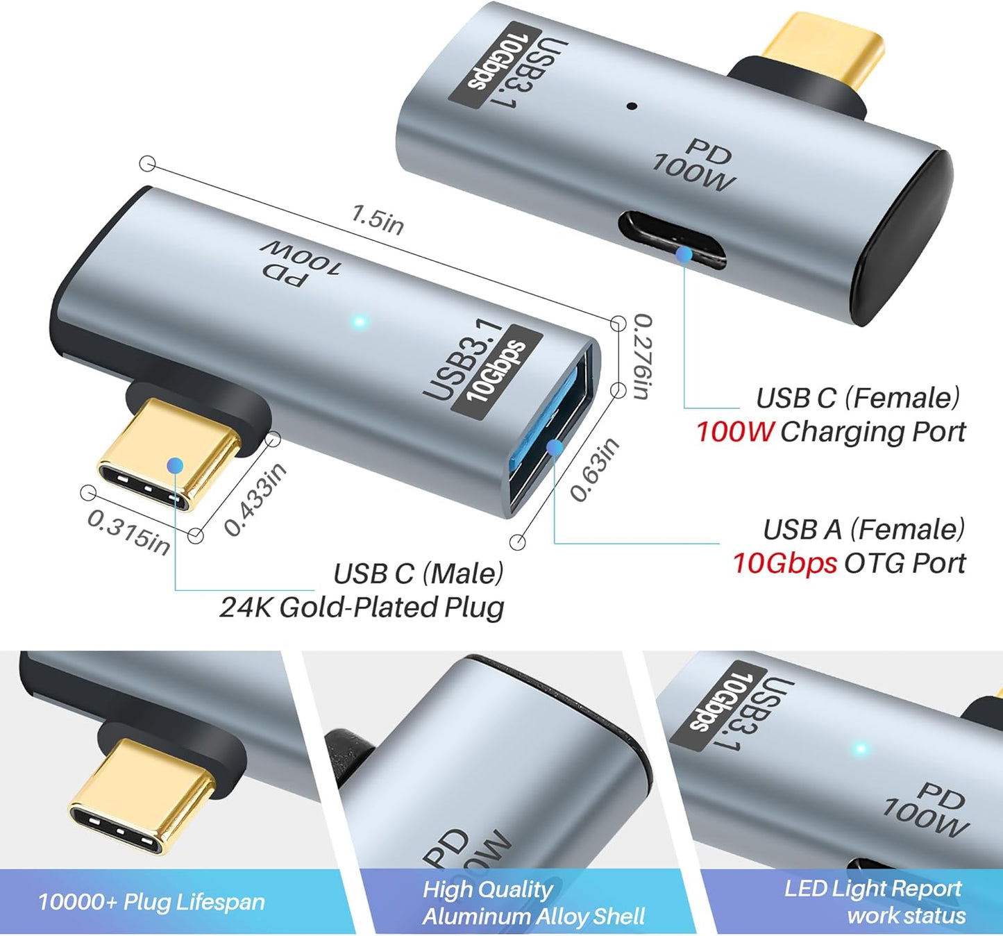 2-in-1 USB C 3.1 to USB 3.0 10Gbps Adapter with 100W Charging Port, USB Female to USB Type-C Male OTG (On The Go) Data Transfer Converter for iPhone 16/15 Series, MacBook, iPad-2Pack