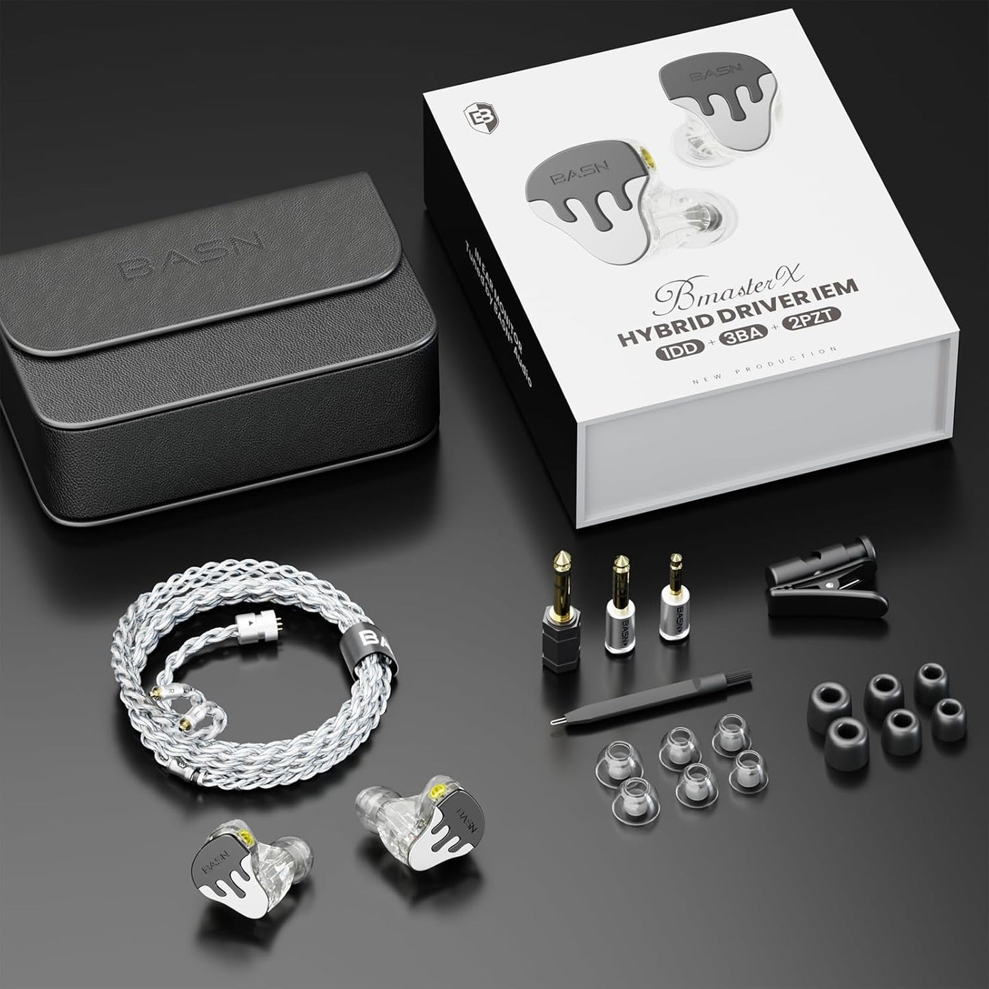 BASN BmasterX in Ear Audio Monitor, Hybrid 6 Drivers IEM Earphones with Crystal Clear Sound, Detachable Cable Plus Carrying Case & Fit Kit for Musician, Stage, Studio (3.5mm/4.4mm Jack, Black/White)