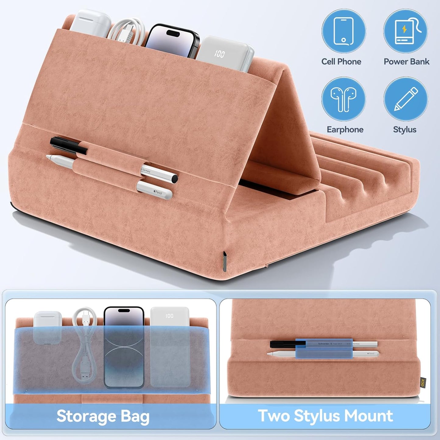 KDD Tablet Pillow Holder, Foldable iPad Stand for Lap, Bed and Desk -Tablet Soft Pad Dock with Pocket & Stylus Mount Compatible with iPad Pro 12.9, 10.5, 9.7 Air Mini 6 5 4 3, E-Reader