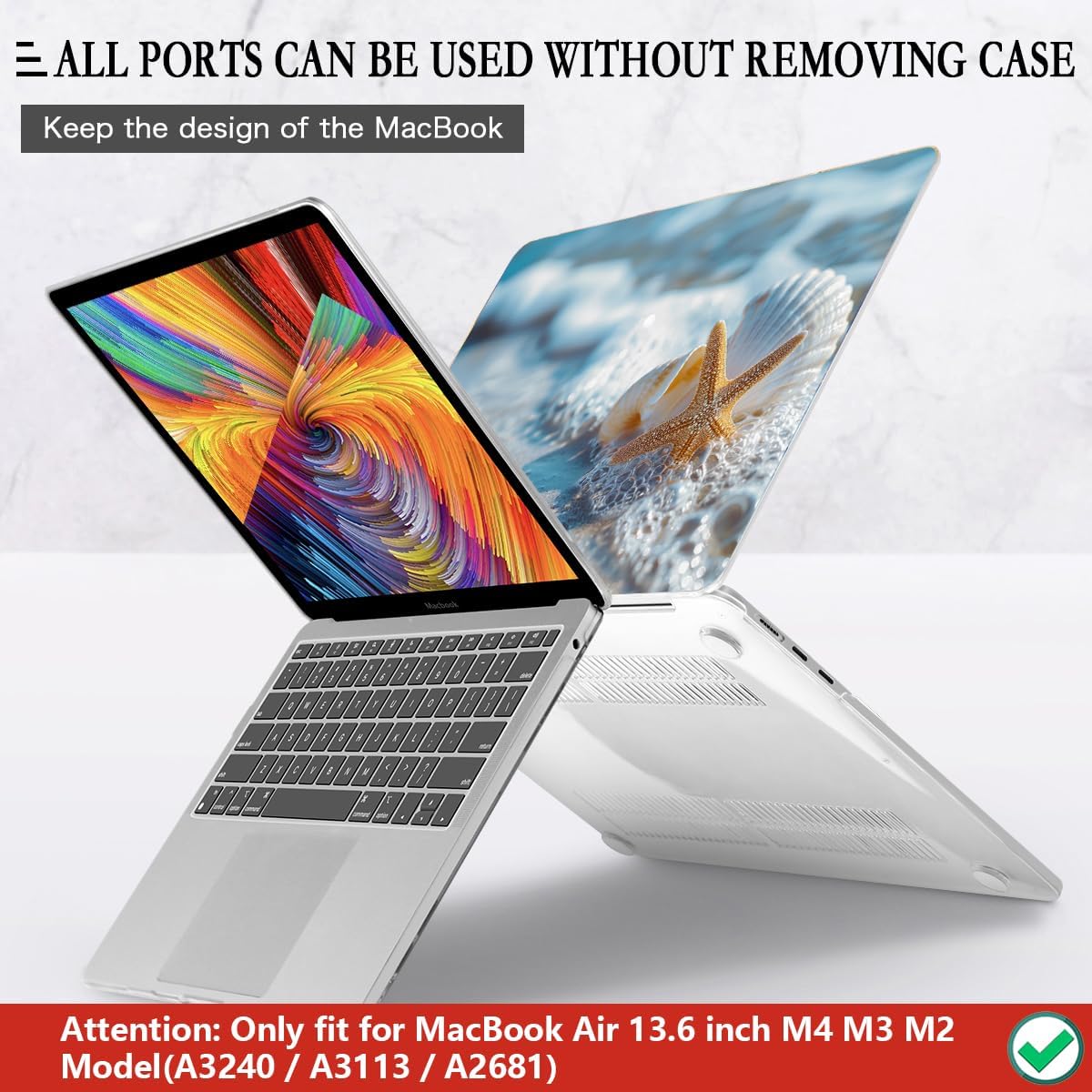 CISSOOK Compatible with MacBook Air 13.6 inch Case 2025 2024 2022 Release M4 A3240 M3 A3113 M2 A2681, Plastic Hard Shell Protective Case with Keyboard Cover Screen Protector, Beach&Shell