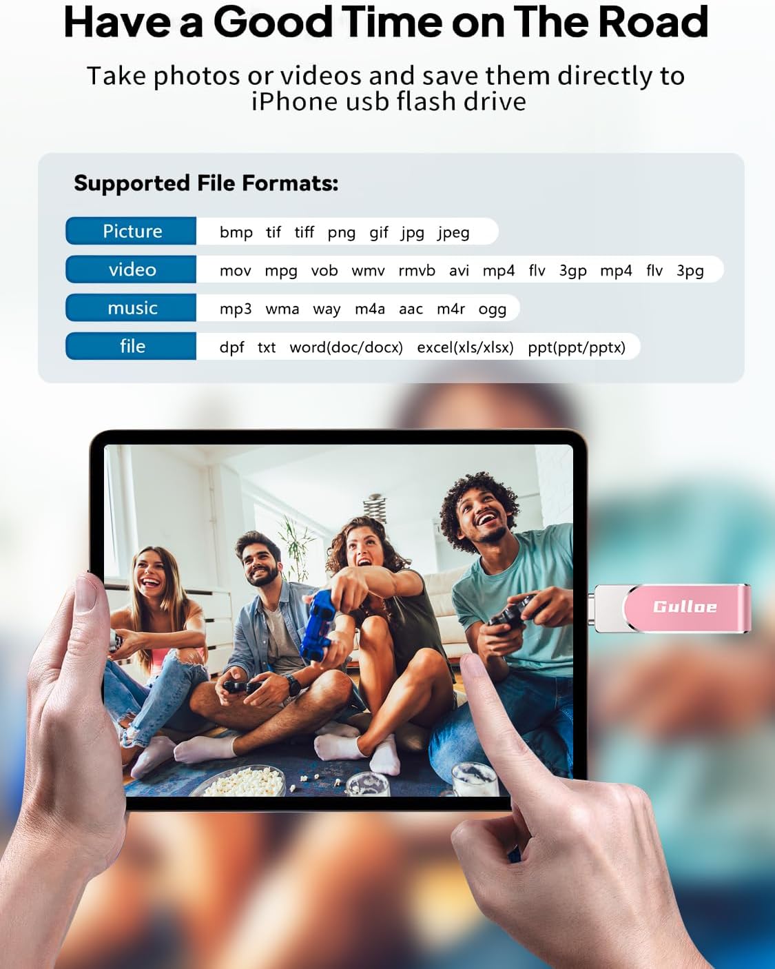 Gulloe 256GB Flash Drive Intended for iPhone, Memory Stick Storage for Photos and Videos Backup, Compatible with iPhone iPad Android PC, Plug and Play, No Application Required (Pink)