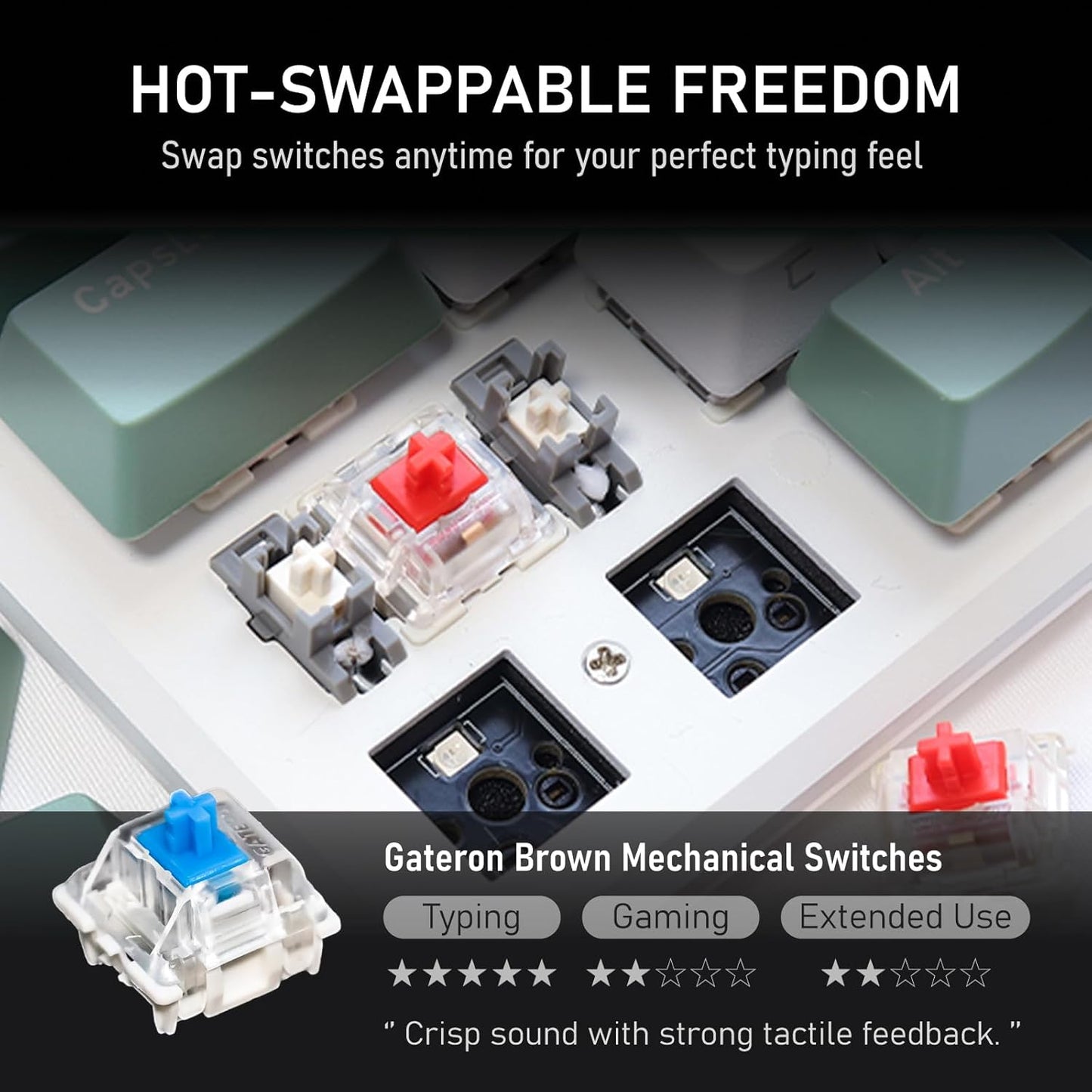 iRocks K74R Wireless RGB Illuminated Mechanical Gaming Keyboard, Hot-Swappable Switches, Easy-to-Clean Floating Design, PBT 107 Keys NKRO, Detachable USB-C Cable - Island Blue (Blue Switches)