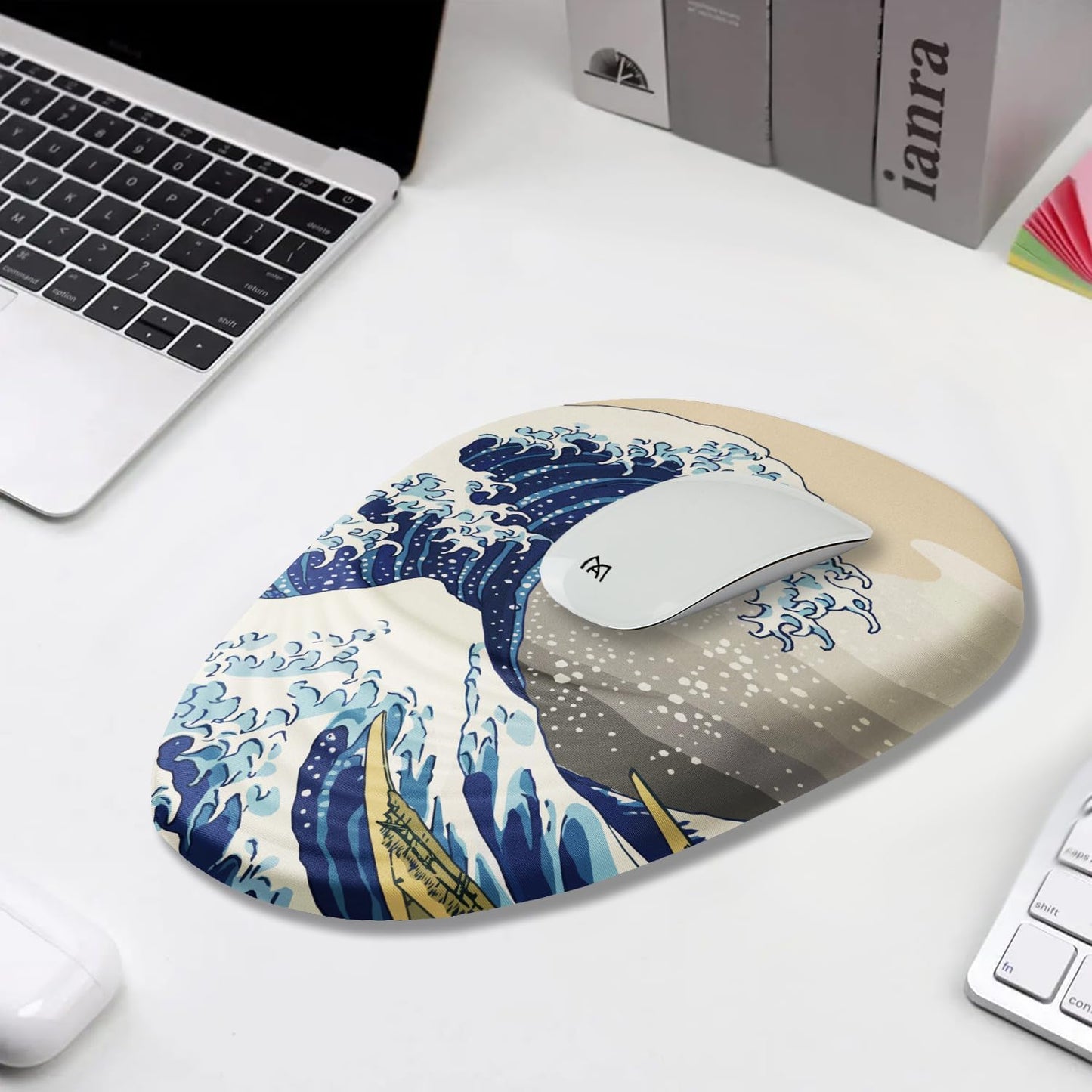 Ergonomic Mouse Pad Wrist Rest, Japanese Sea Wave Mouse Pad with Wrist Support, Memory Foam Massage Design & Non-Slip PU Base MousePads for Pain Relief, Desk, Office, Home, Kanagawa Wave