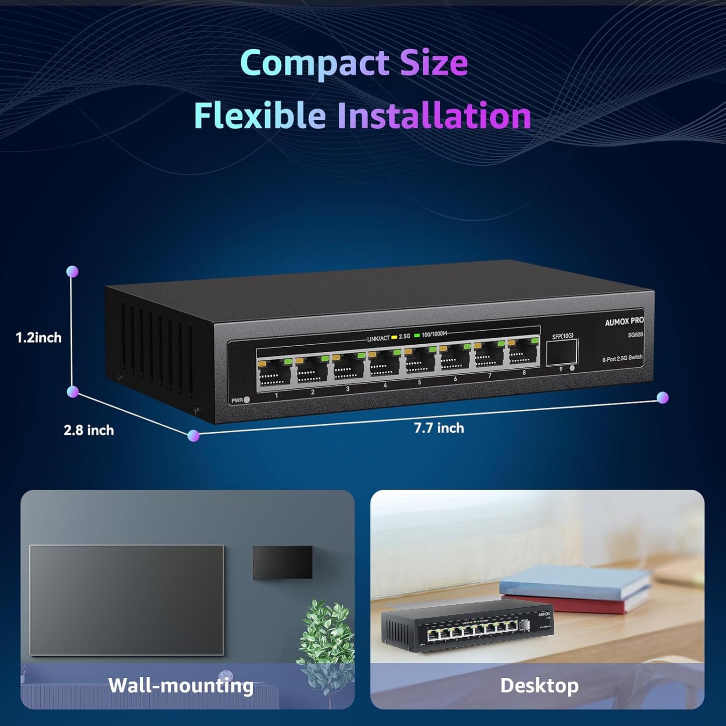 9 Port 2.5Gb Unmanaged Ethernet Switch with 8* 2.5G Base-T Ports, 1*10G SFP Ports, AUMOX PRO 60Gbps Switching Capacity Compatible with 100/1000/2500Mbps Plug and Play
