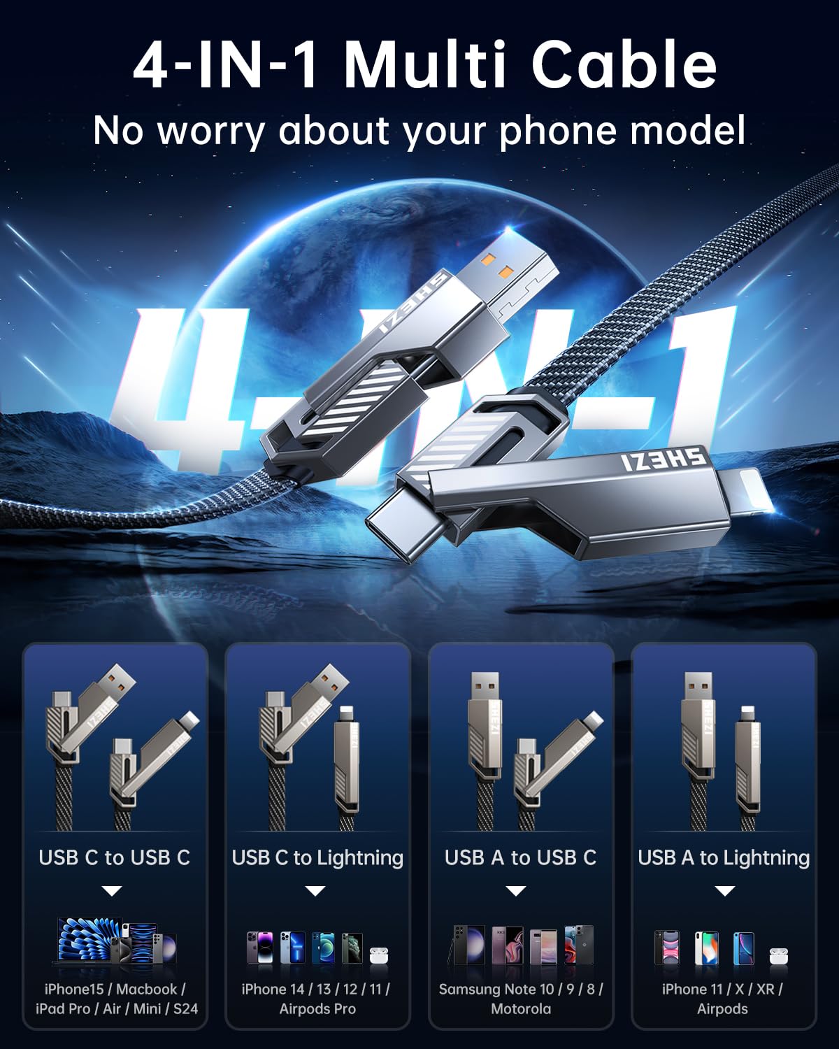 4-in-1 USB C Cable 100W 3FT Compatible with Lightning Cable [Fast Charging & Data Transfer] Flat Nylon Braided for iPhone iPad Charger Cord, Multi Charge Wire Combo with L/Type C/USB A Port