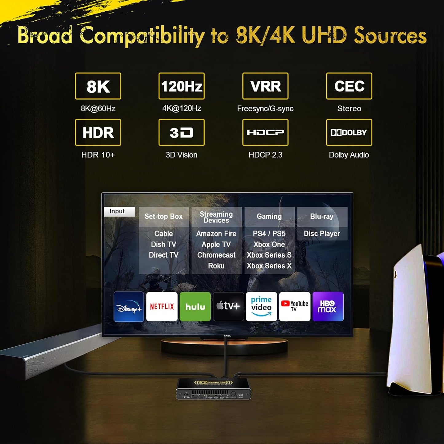 8K@60Hz 4K@120Hz HDMI 2.1 Splitter 1 in 2 Out,48 Gbps,HDCP 2.3,Supports VRR,ALLM,HDCP Bypass,EDID,Duplicate/Mirror/Copy,Downscale,HDR,Dolby Vision Atmos,Soundbar