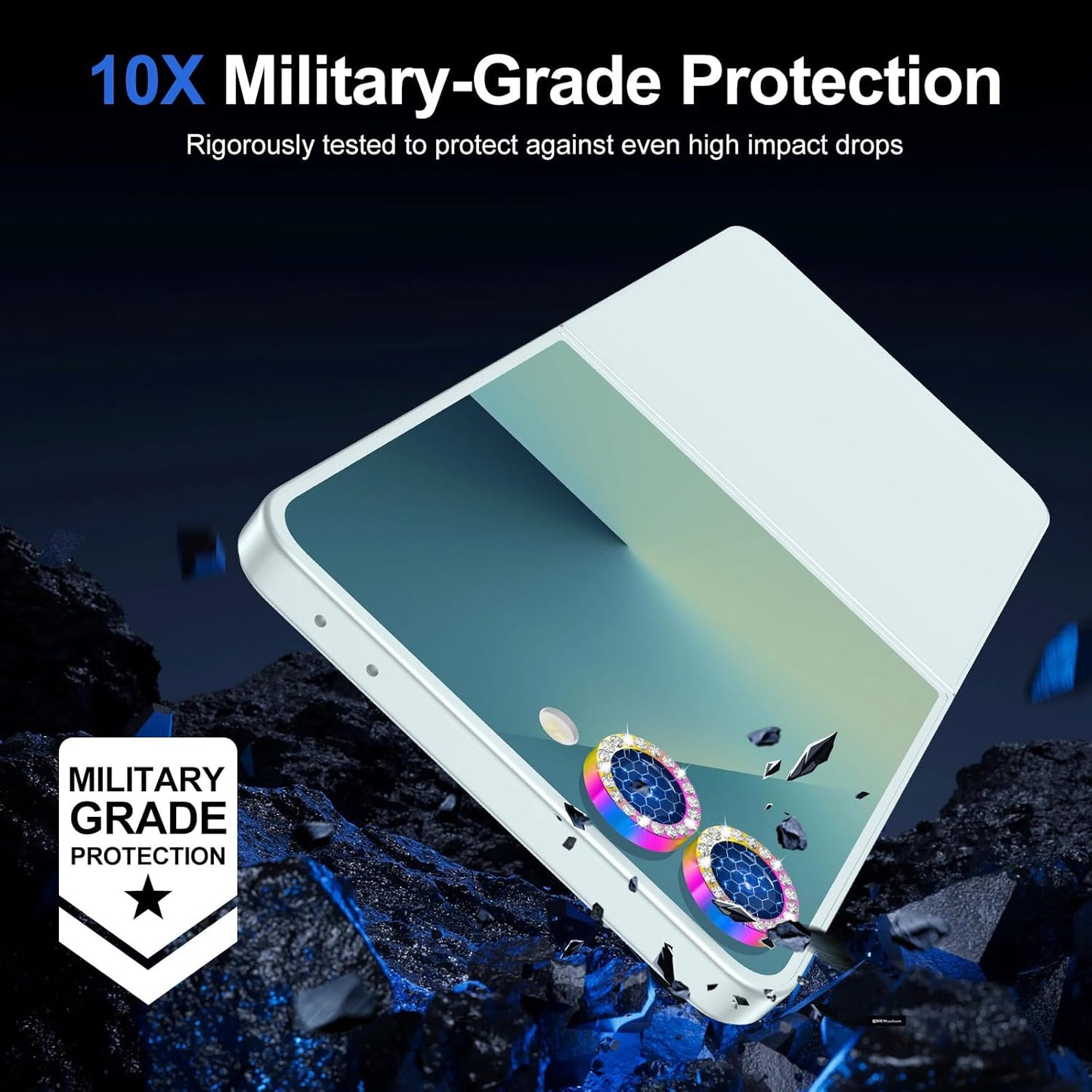 for Samsung Galaxy Z Flip 7 Camera Lens Protector, Individual Metal Ring Tempered Glass Lens Cover, [Strong Adsorption] Scratch Resistant Ultra-Thin HD Clear Lens Cover, 1 Set-Colorful Diamond