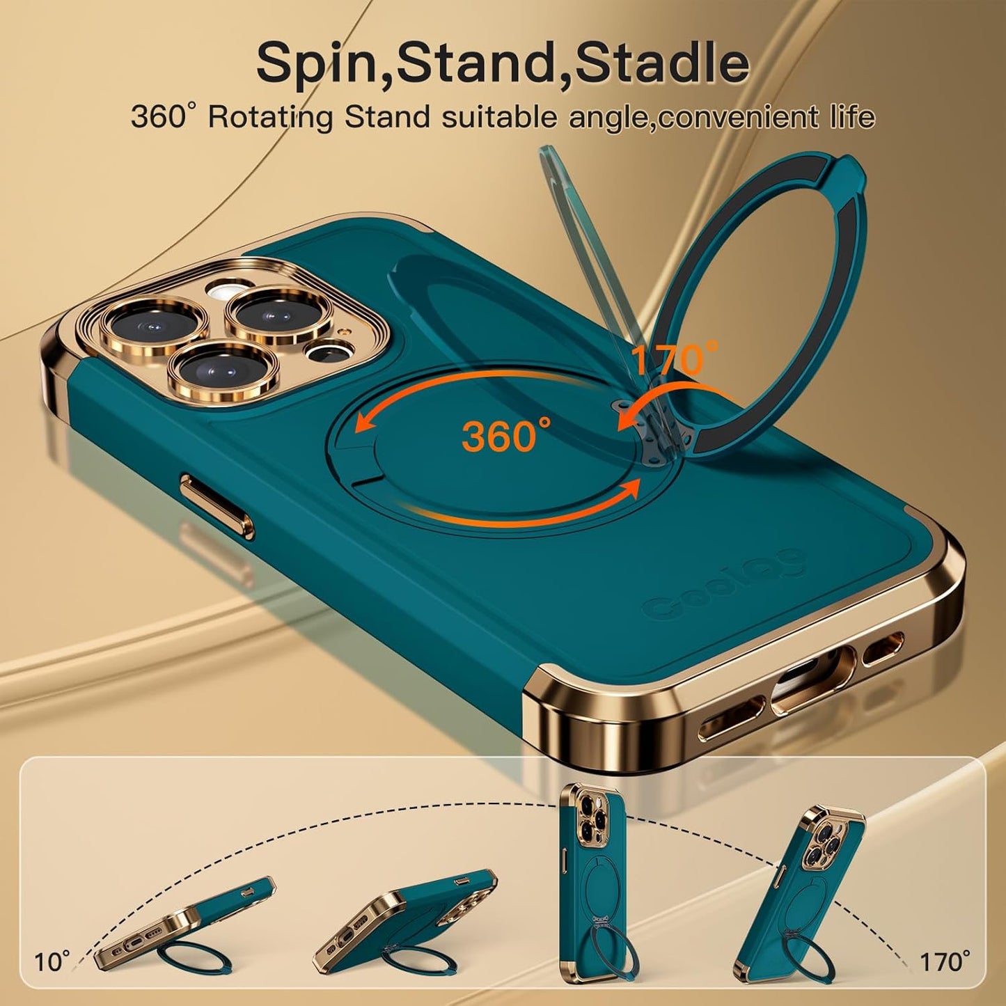 COOLQO for iPhone 14 Pro Case 6.1'' Upgraded 360° Spin Magnetic Stand [Compatible with Magsafe][Military Protection] Shockproof Protective Phone Holder Cover for iPhone 14 Pro, Green Gold