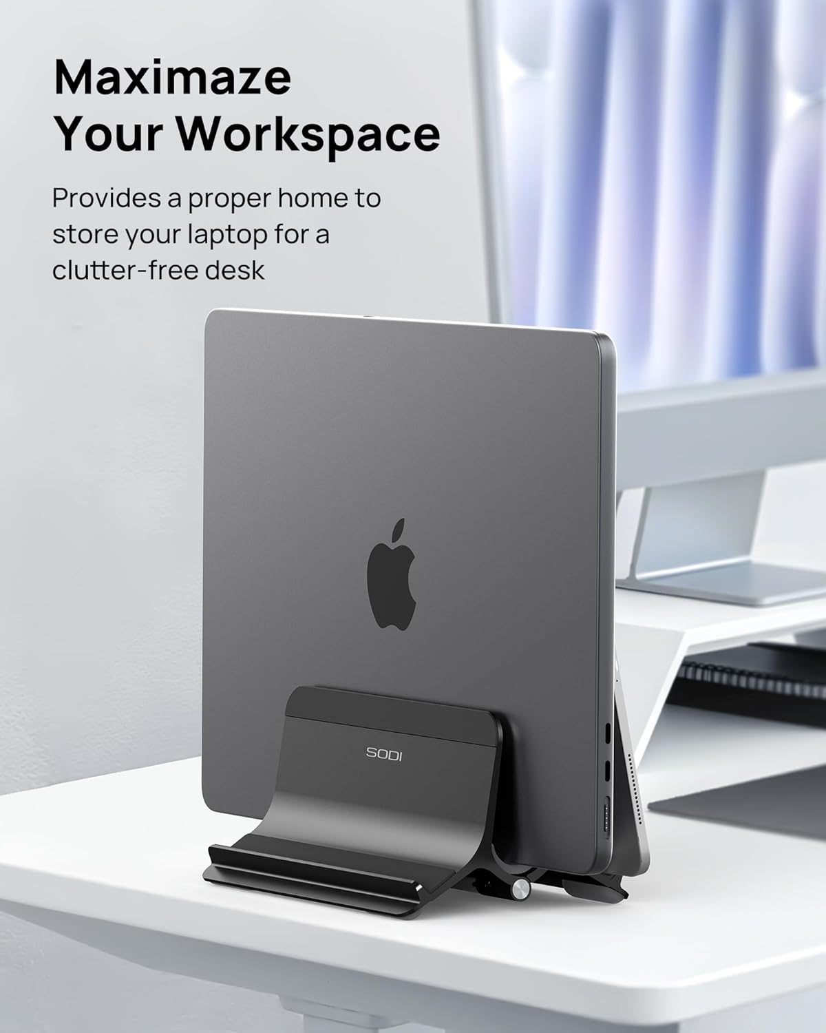 SODI Vertical Laptop Stand Holder for Desk Compatible with MacBook Air, MacBook Pro Stand Vertical Aluminum Up to 17 inch, Gravity Auto-Lock Cooling, 3-in-1 Space Saving Desk Organizer Accessories