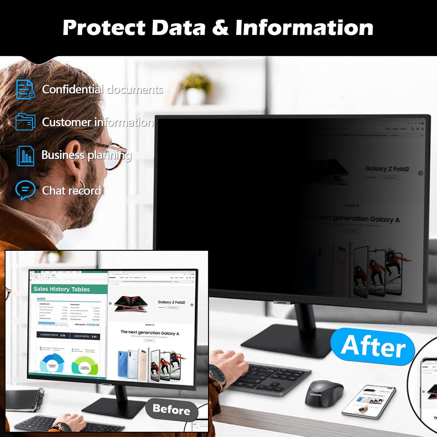 FILMEXT [2-Pack 23.8 in. Computer Privacy Screen Filter and Shield, Anti-Spy Blue Light Filter for 16:9 All-in-One/Frameless Monitors]