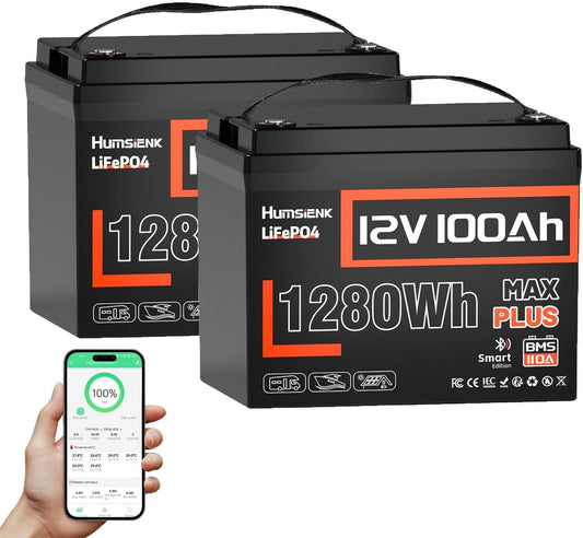 2 PCS 12V 100Ah LiFePO4 Lithium Battery MAX PLUS, Built-in 110A BMS & Bluetooth 5.0, 15000+ Deep Cycles Lithium Batteries, Max. 1280Wh, 10-Year Lifespan for RV, Marine
