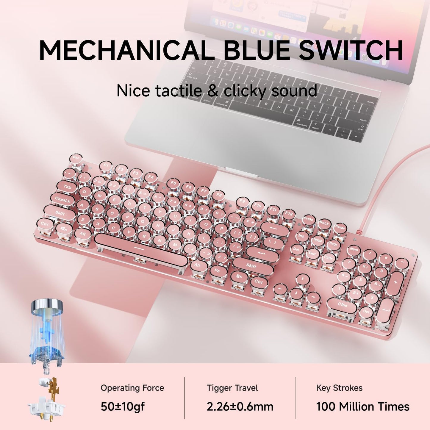 EWEADN TK100 Typewriter Keyboard Wired Mechanical Keyboard, 104 Keys Aesthetic Typewriter Keyboards with White Backlit, Anti-Ghosting, Blue Switch Wired Cute Keyboards-Pink